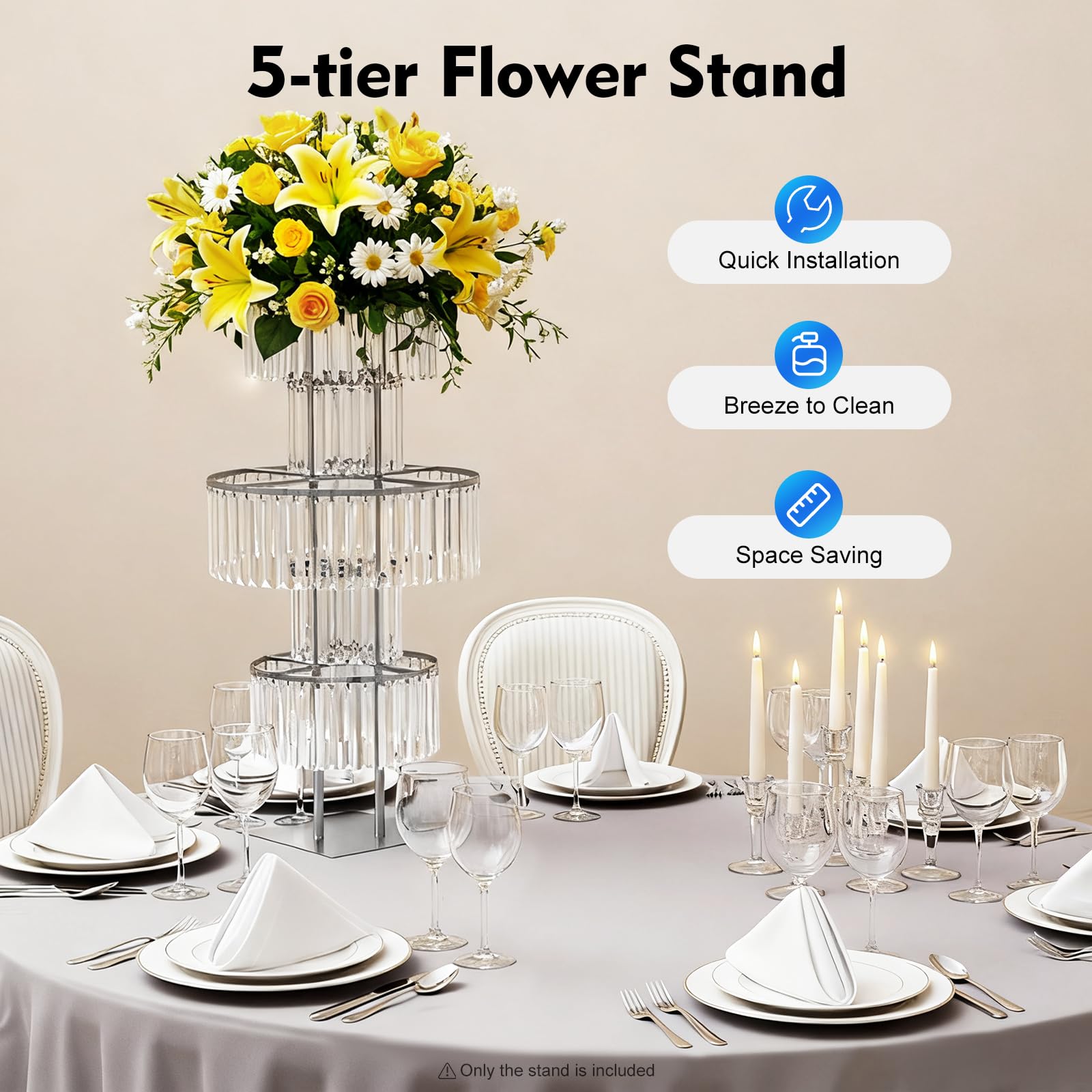 5 livelli di cristallo per matrimonio, colonna di fiori, altezza 110 cm, supporto decorativo in metallo, per matrimonio, fidanzamento, compleanno, decorazione da tavolo, argento