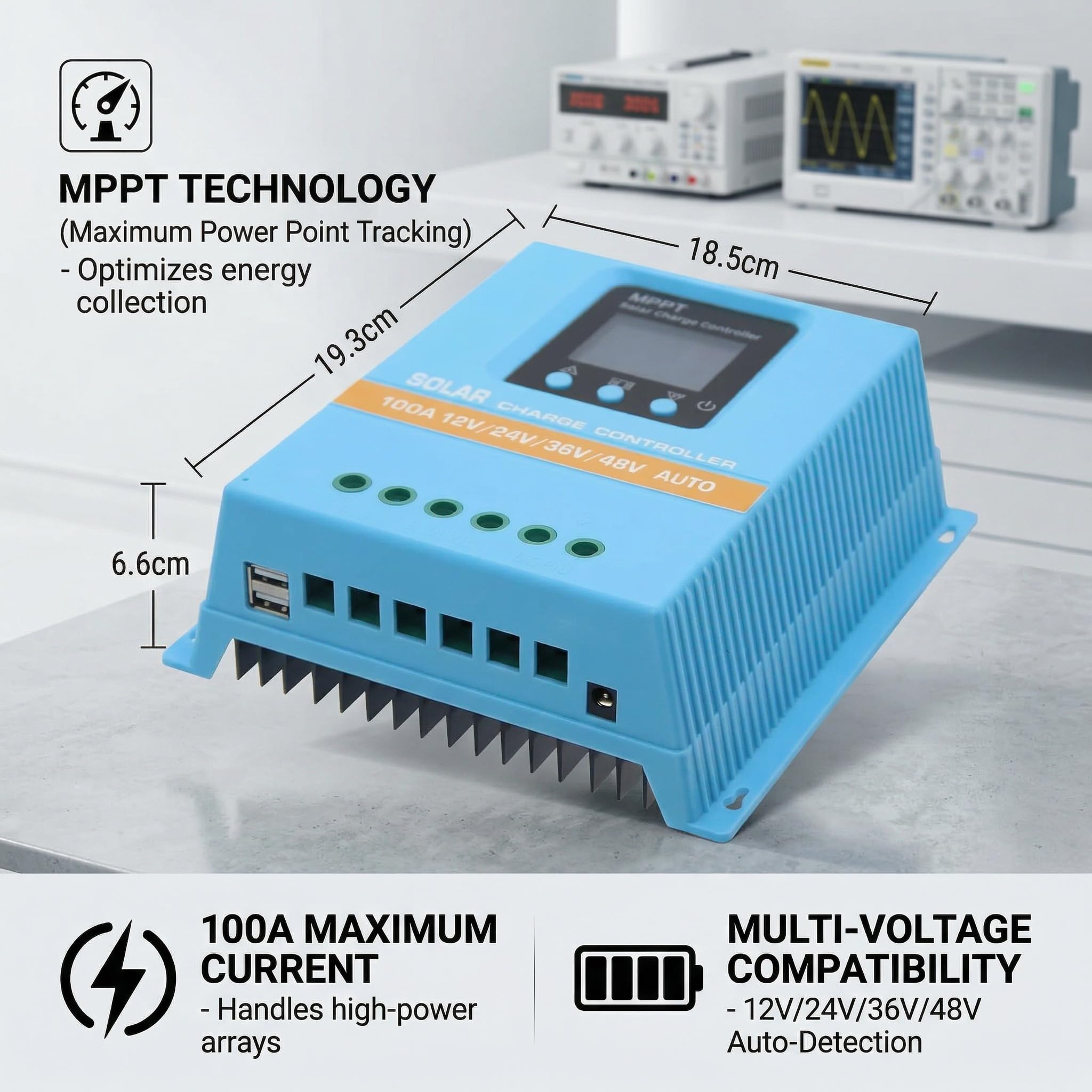 Regulador Solar 100A MPPT/PWM Híbrido | Detección Automática 12V/24V/36V/48V | Pantalla LCD & Dual USB | Para Baterías de Litio (LiFePO4) y Plomo | Ideal para Autocaravana, Casa y Huerto