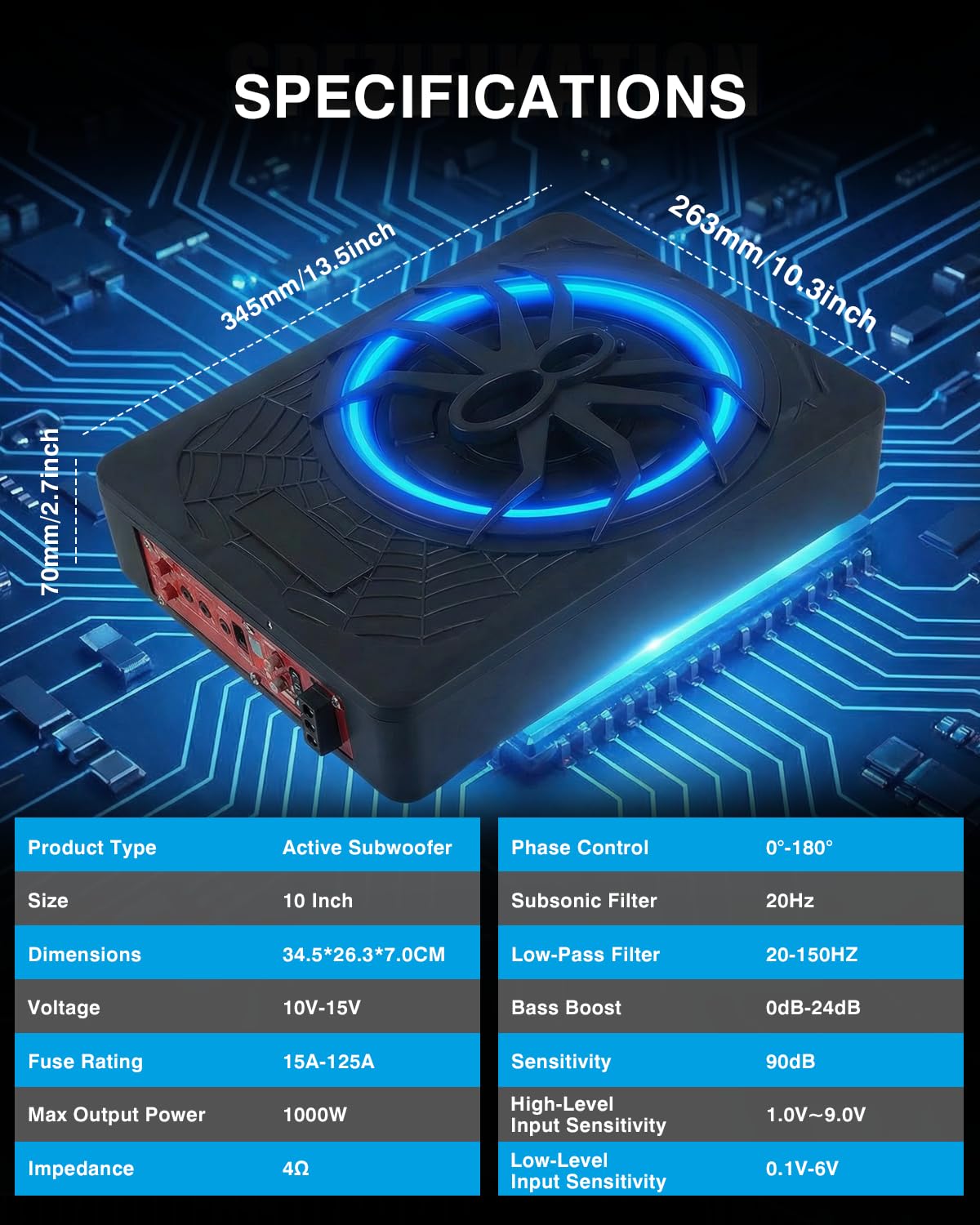 Subwoofer attivo per veicoli, progettato per essere posizionato sotto il sedile, 1200 W di potenza massima, driver da 10 pollici, con illuminazione ambientale blu, con amplificatore integrato