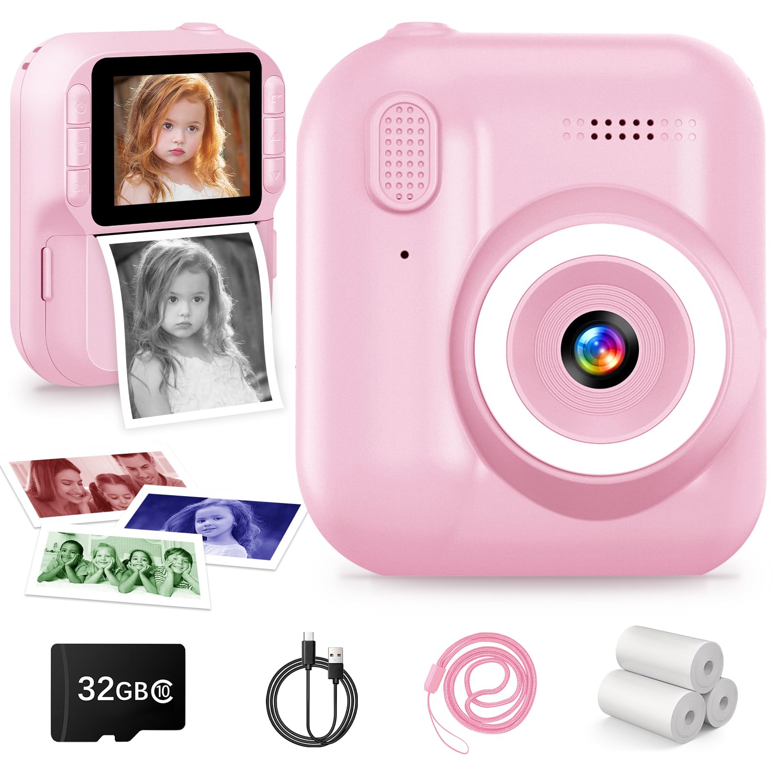 Kinderkamera Sofortbildkamera, 1080P Sofortbildkamera Kinder mit 32GB Karte & 3 Rollen Druckpapier, 2,4
