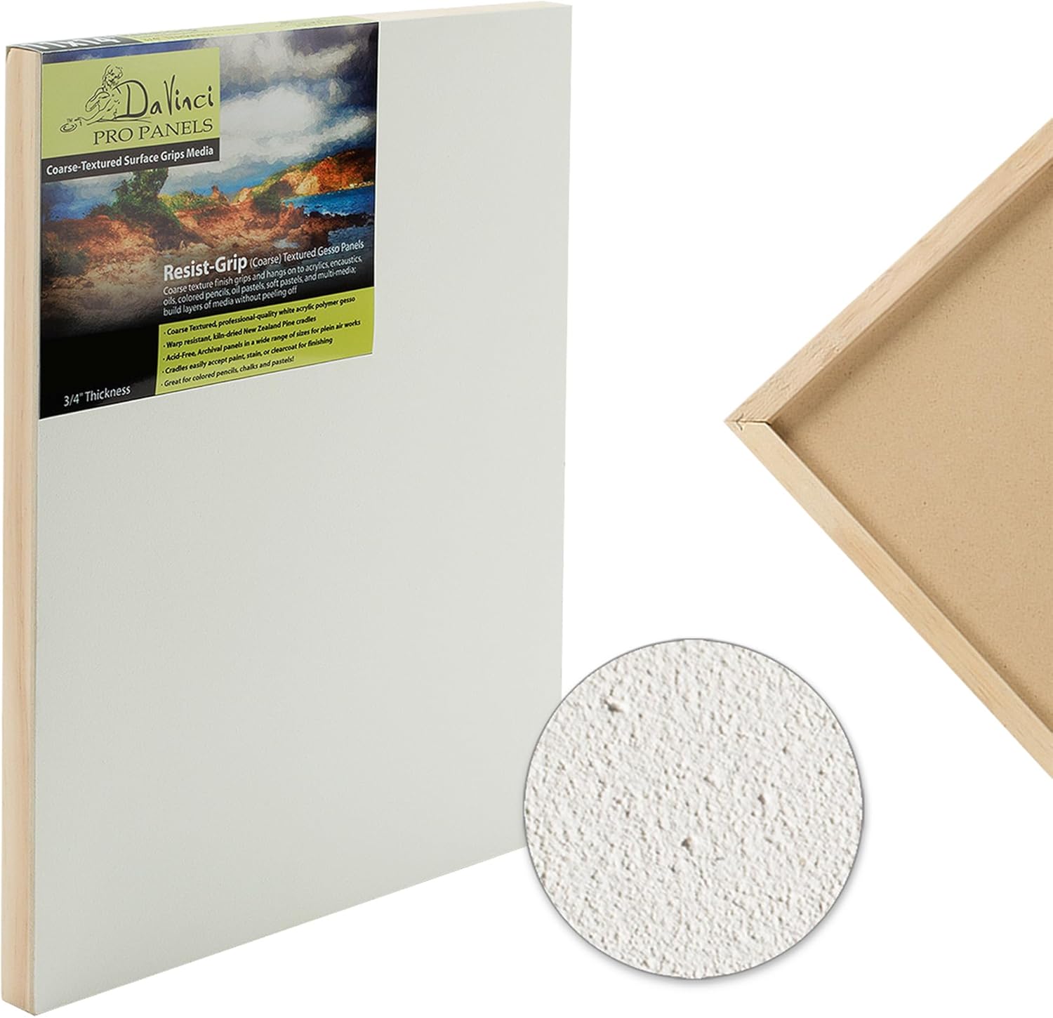 Da Vinci Pro Resist-Grip Coarse Textured Gesso Board, 8x10, 3/4" Depth Art Boards for Painting, White Acrylic Polymer with Quartz Sand, Warp-Resistant Cradled and Sealed MDF Panel