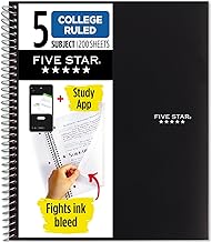Five Star Spiral Notebook + Study App, 5 Subject, College Ruled Paper, 8-1/2" x 11", 200 Sheets, Fights Ink Bleed, Water Resistant Cover, Black 72081