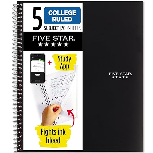 Five Star 5-Subject College Ruled Spiral Notebook