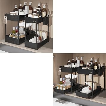 Sevenblue Bathroom Organizers and Storage, Under Sink Organizers and Storage Black, 2 Pack Cabinet Organizer Black