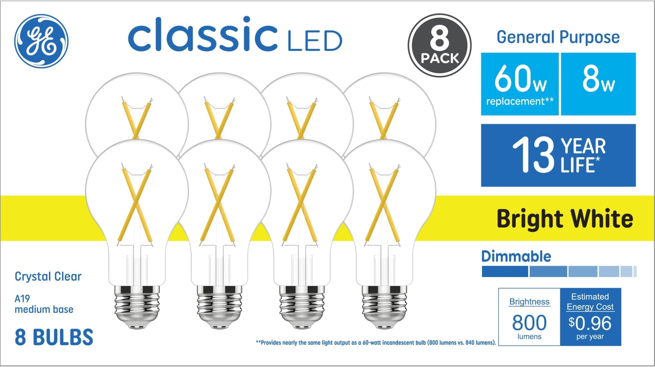 Classic LED Light Bulbs, 60 Watt, Bright White, A19 Bulbs (8 Pack)