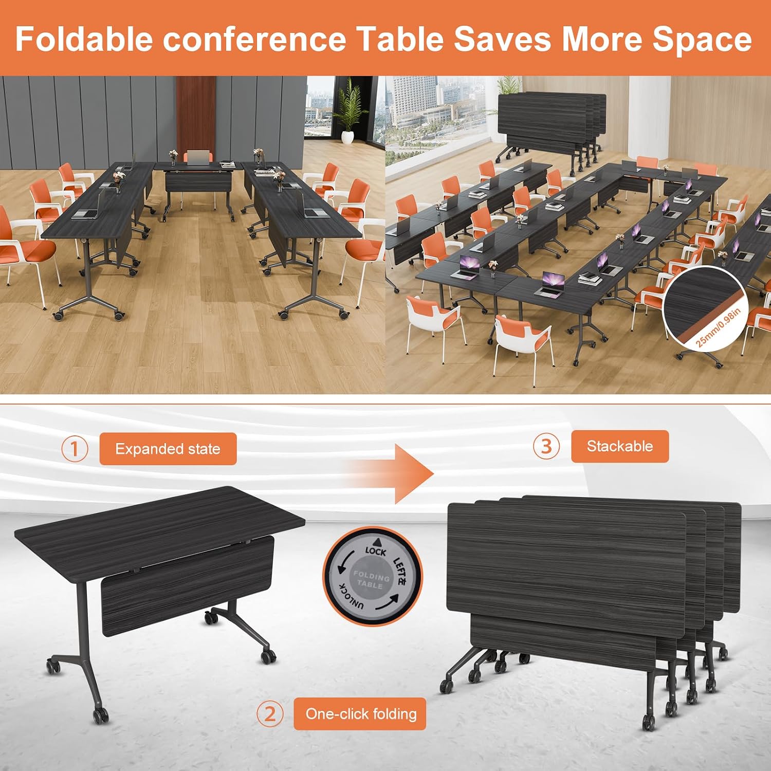 Folding Conference Room Tables,Mobile Training Table with Wheels - Rectangular Large Business Seminar Furniture Tables for Office,Meeting Room,School,Wooden (8, Black A, 55IN)