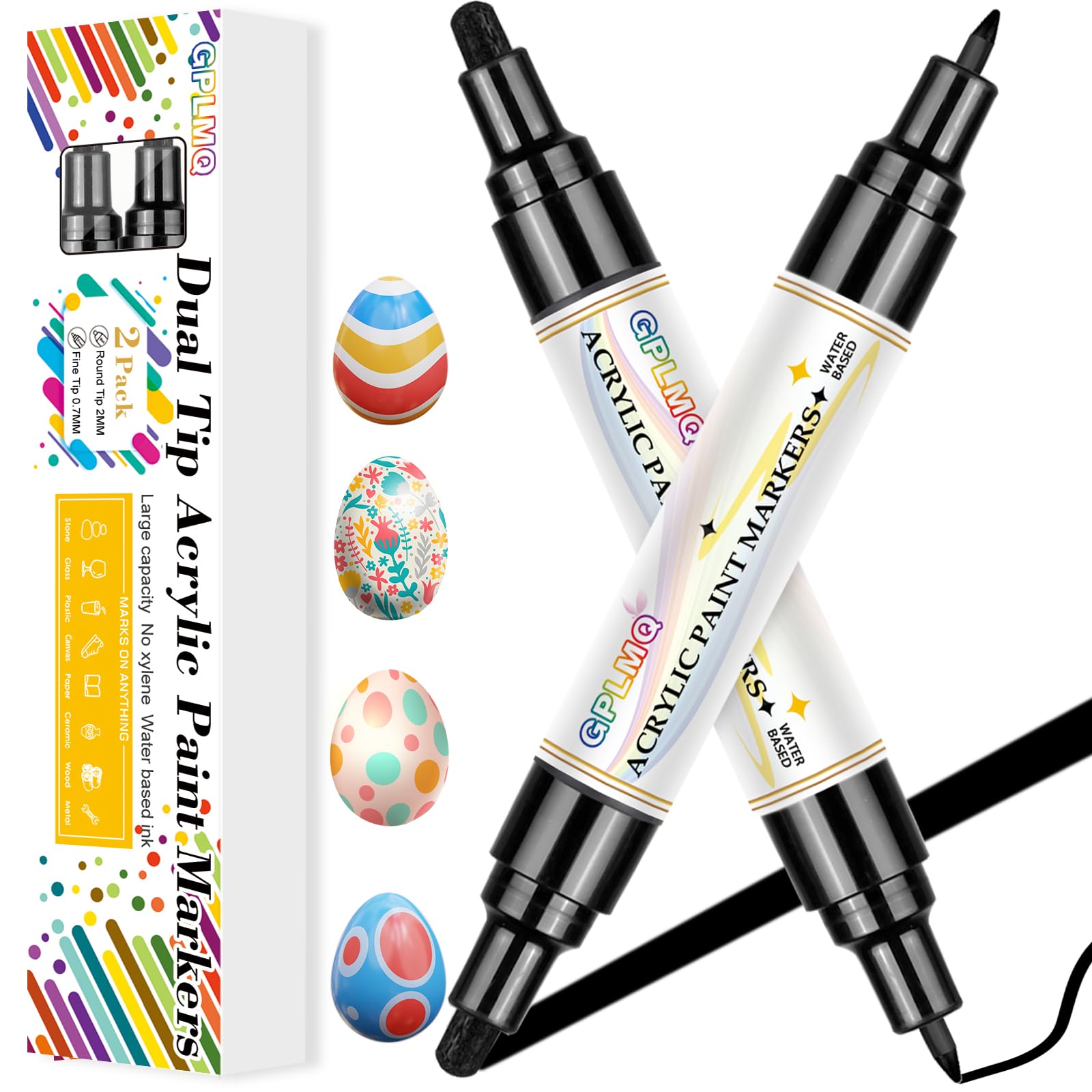 GPLMQ Paint Markers Paint Pens - 2 Pack Dual Tip Acrylic Permanent Marker (0.7mm & 3mm), Non-Toxic, Water-Based for Art Painting, Stone, Ceramic, Glass, Wood, Fabric, Metal, DIY Crafts (Black) - drawing | Mubboo