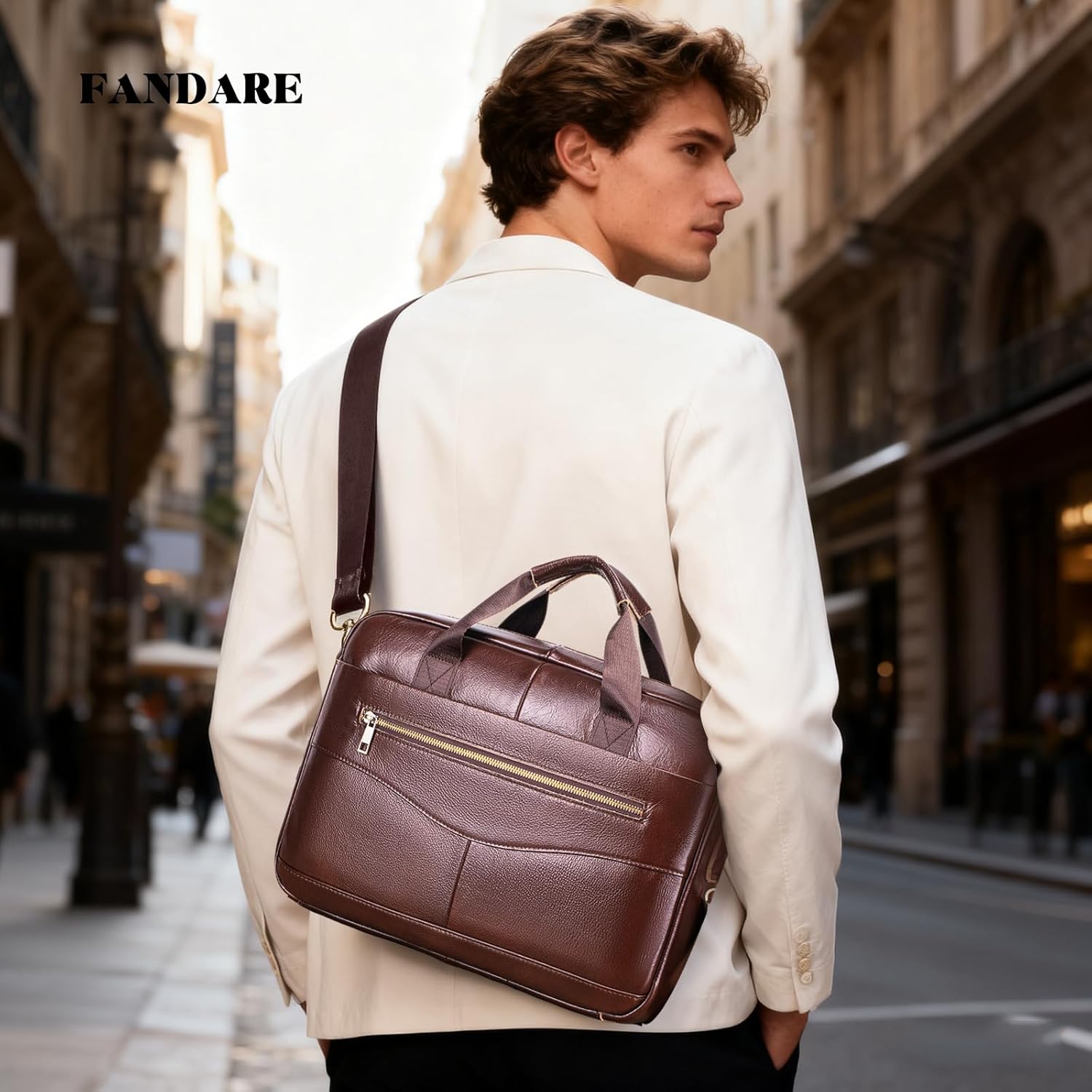 FANDARE Retro Leather Briefcase Mens Laptop Crossbody Shoulder Messenger Business Bag