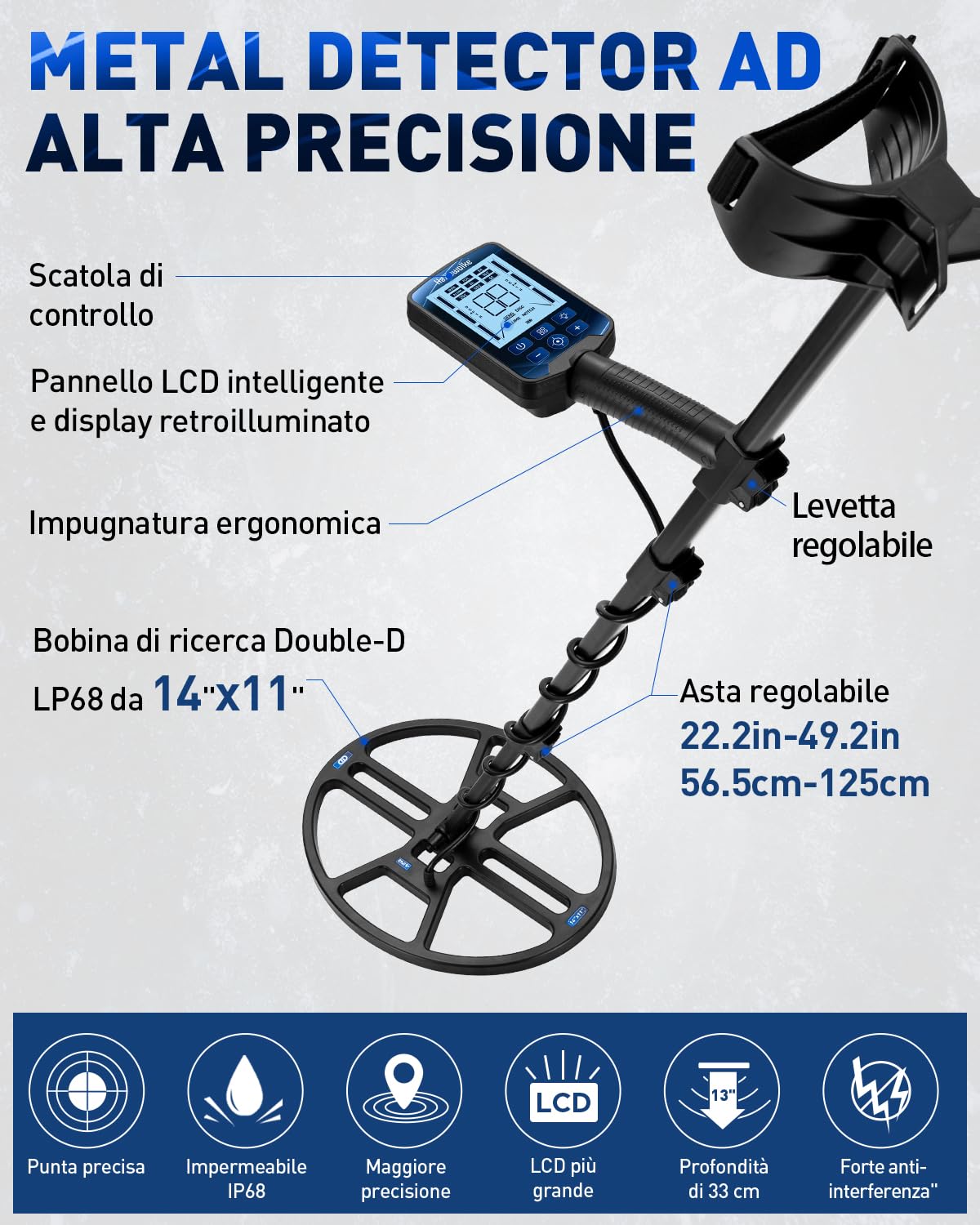 Hazlewolke Metal Detector Professionali, Bobina di Ricerca DD Impermeabile da 14'', Metal Detector ORO con Modalità Pinpoint, Profondità di Ricerca di 33 cm, 4 Modalità