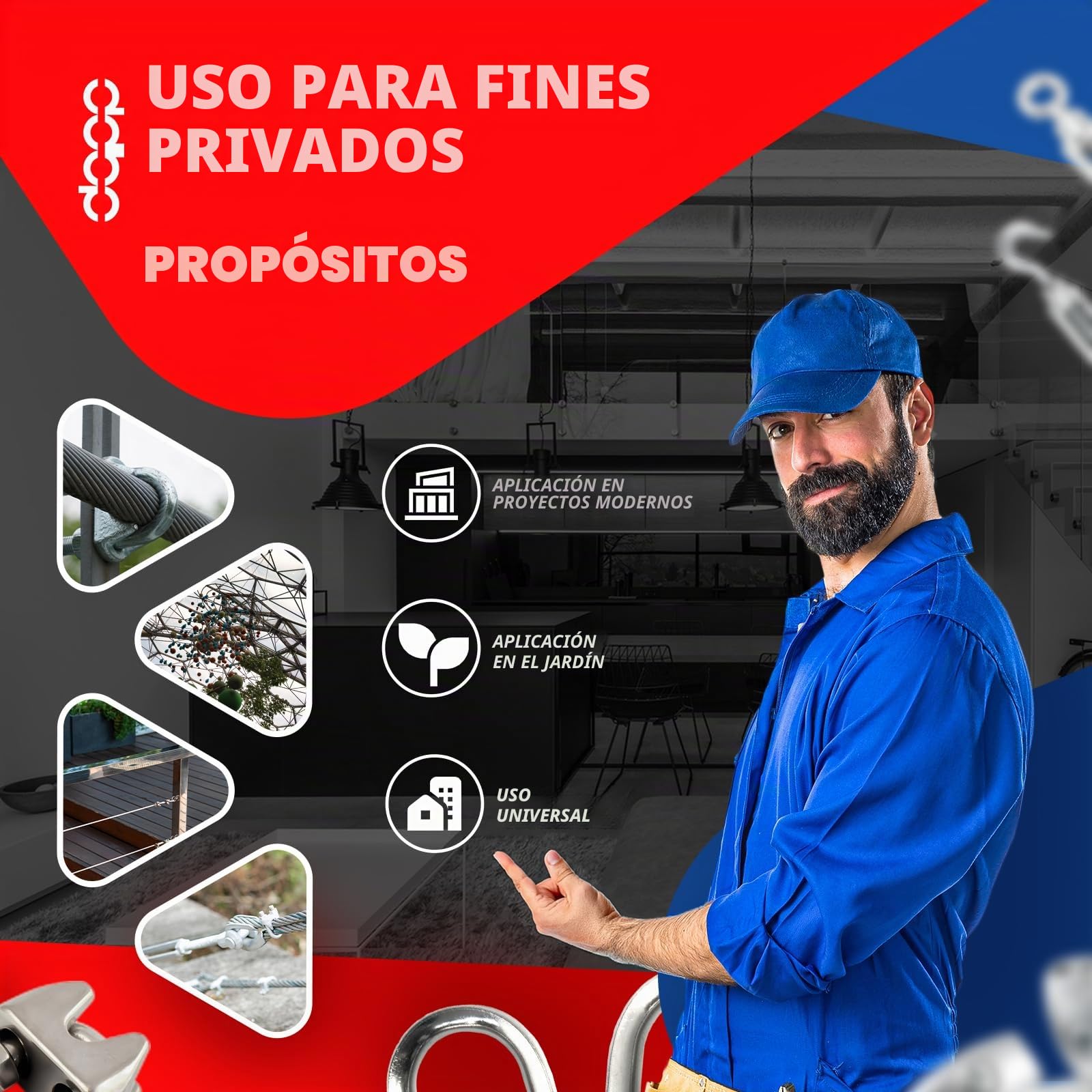 CONJUNTO 10m cable 10mm acero inoxidable cordaje hebra: 7x19 + 4 abrazaderas
