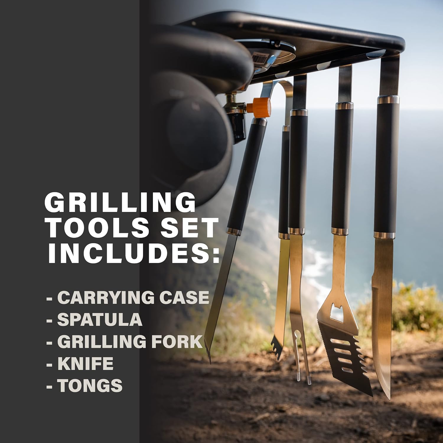 HitchFire 4 PC Grill Set BBQ Tools Grill Utensils Set, Includes Grilling Spatula, Knife, Tongs and Grilling Fork, Built in Hanger Hooks for Easy Stow on Your HitchFire Grill, BBQ Set for Any Occasion