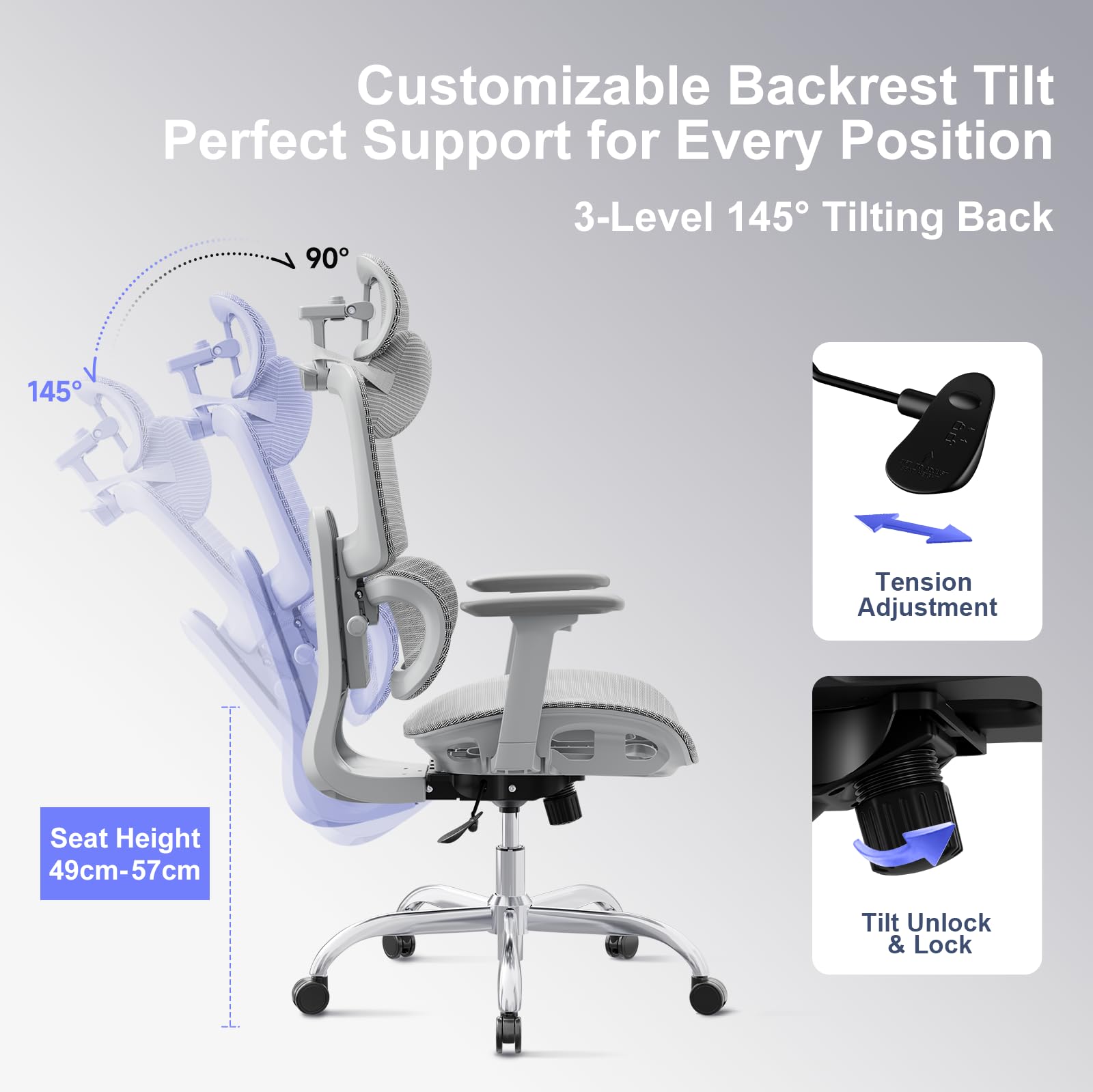 LarkLeaves Silla de Oficina Ergonómica con Reposapiés Gris L10 Pro | Malla transpirable, soporte lumbar 2D, respaldo ajustable, reposabrazos 3D, inclinación 145 grados, ruedas goma