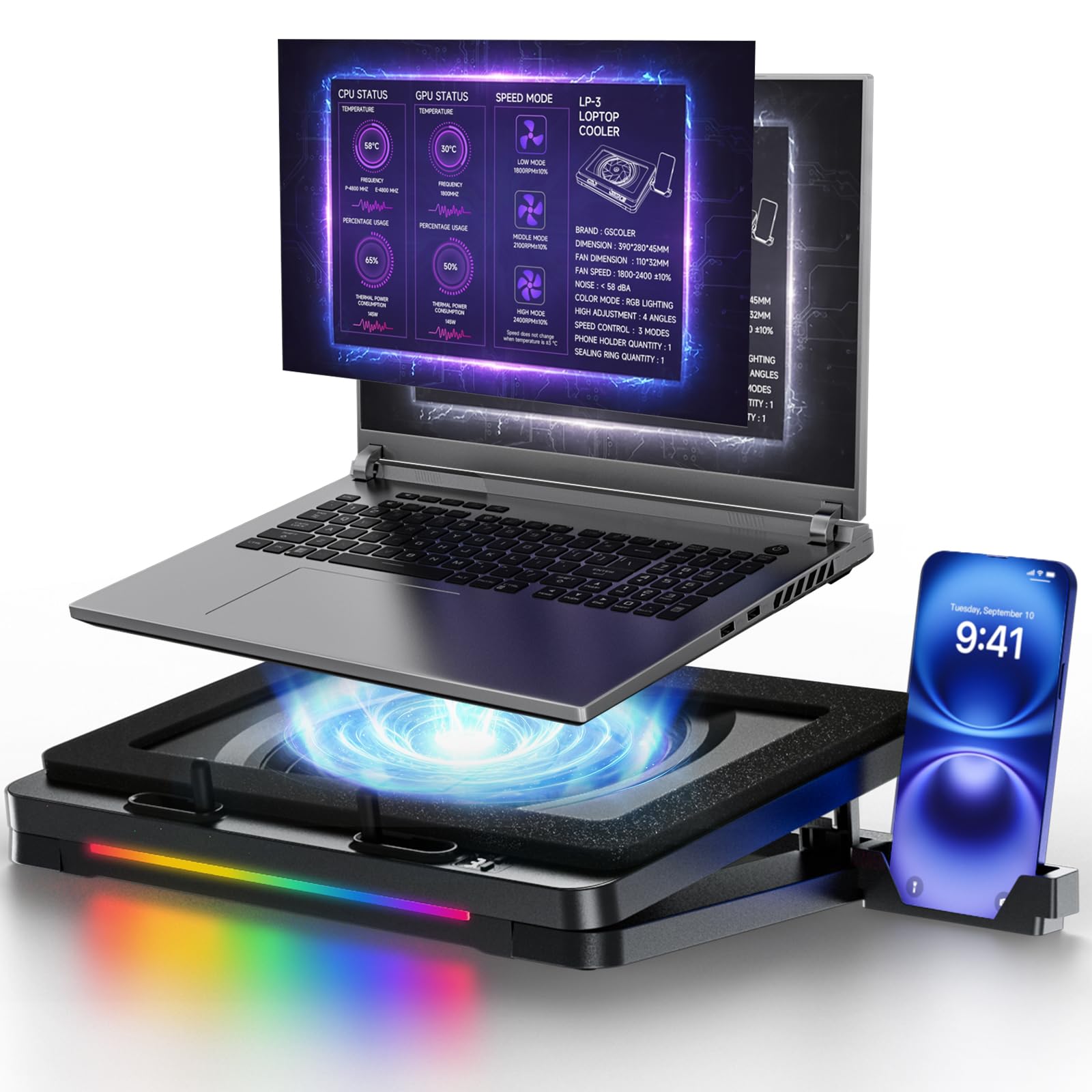 LP-3 Gaming Laptop Cooling Pad, Potente Turbo-Fan 180+ CFM RGB Laptop Cooler, silenzioso supporto ventola di raffreddamento per laptop con cuscinetti antiscivolo, altezza regolabile, controllo a 3