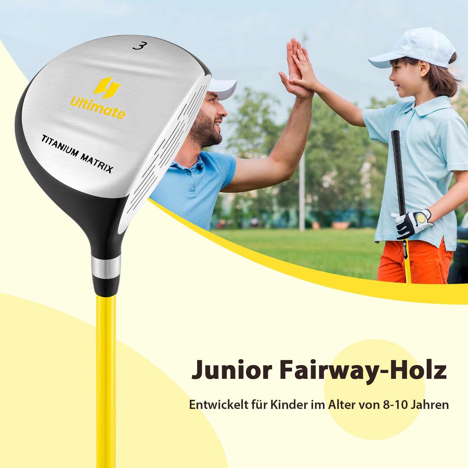 COSTWAY Golf #3 Fairway Holz für Kinder, Golfschläger aus Aluminium für Rechtshänder mit Schlägerhaube, 3-Holz 34 Zoll 15 Grad Fiberglas-Schaft für 8-10 Jahren Kinder, Gelb