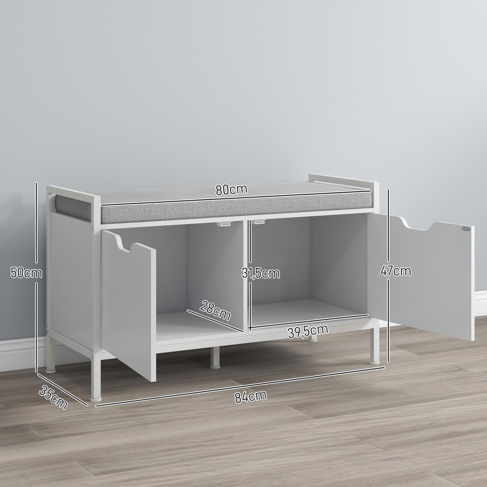 HOMCOM Banco Zapatero con Asiento Cojín Extraíble 84x35x50 cm Blanco | Mueble Zapatero, para 4 Pares de Zapatos, para Entrada Recibidor Salón Pasillo