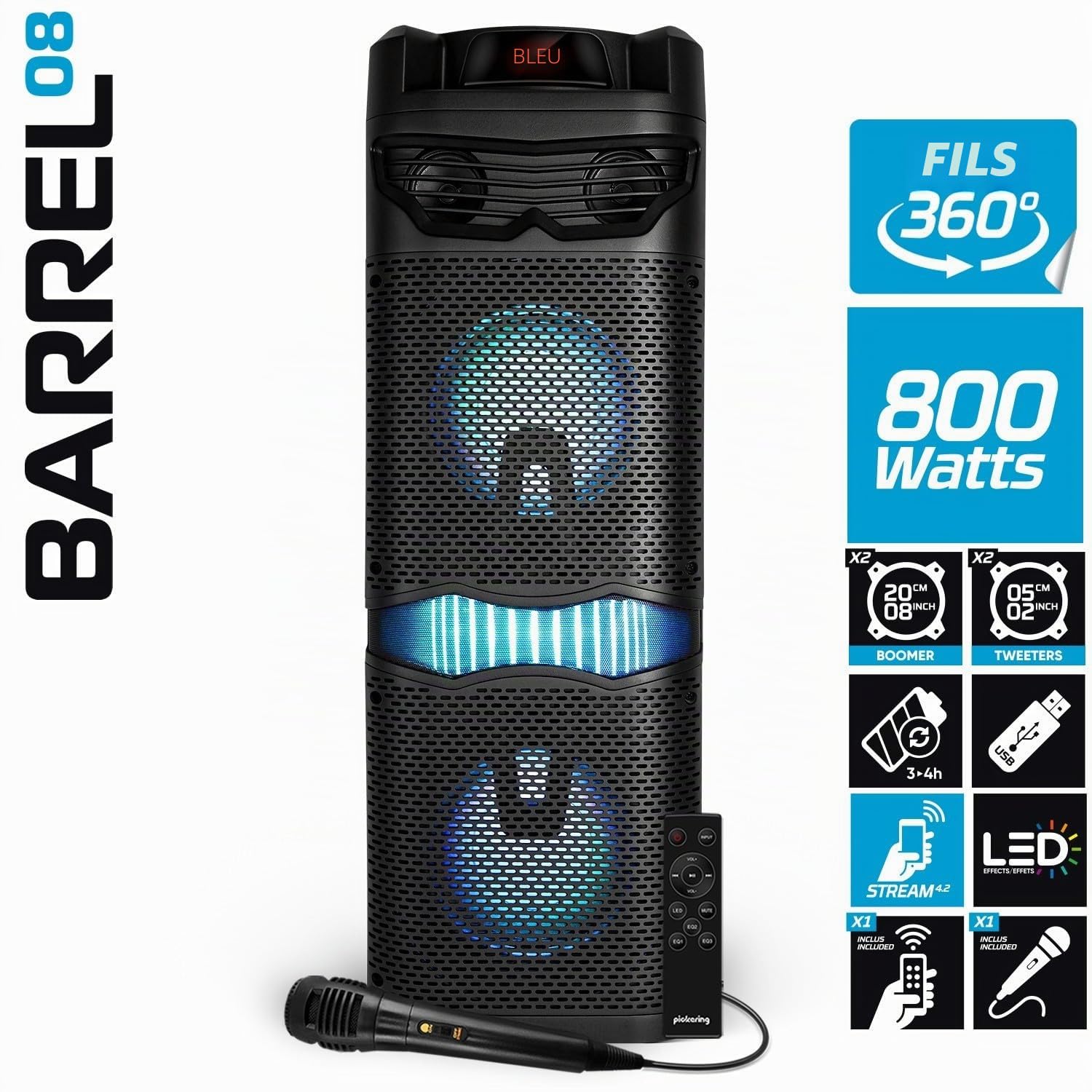 Enceinte Autonome 360 degrés PICKERING Barrel 8 sur Batterie Micro et Télécommande 800 Watts- 8 Hauts Parleur LCD - USB/BT/AUX
