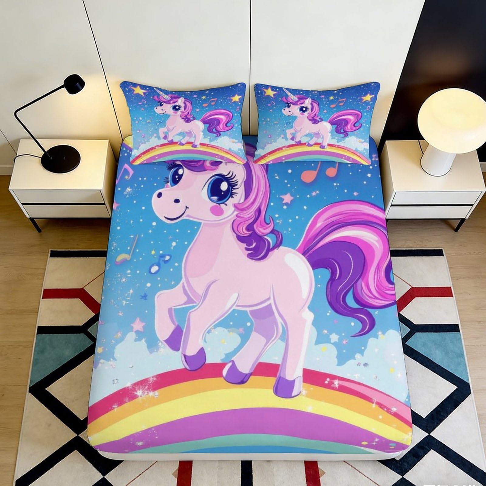 3D Printed Pink Unicorn Rainbow Fitted Sheet Microfiber Soft Slip-Resistant Cartoon Bed Cover for Bedroom Guest Room Decor 90x200x25cm