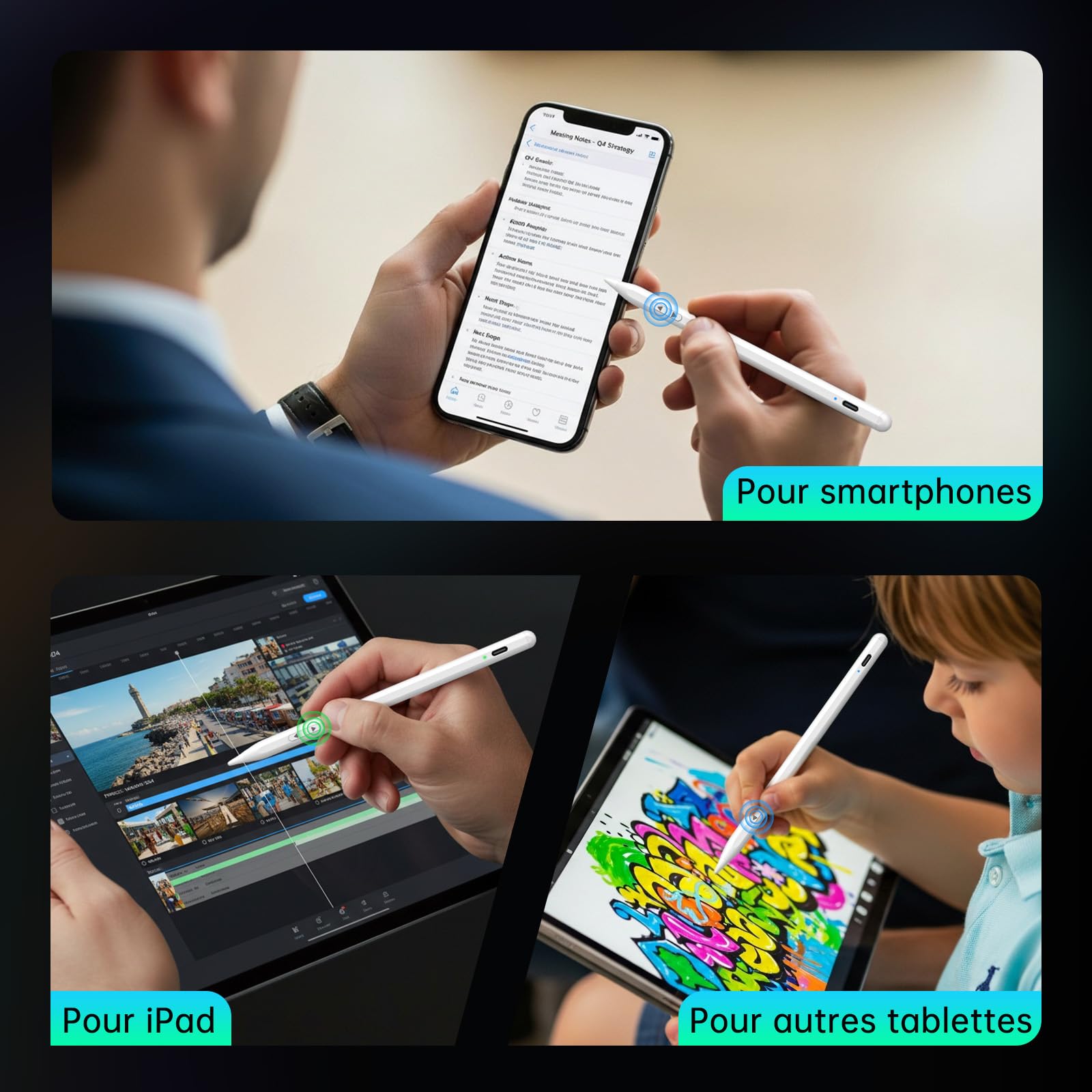 MEKO Stylet Dual-System pour Tablette, iPad, Android, Smartphone - Compatible iPad Pro/Air/Mini, Xiaomi, iPhone - Stylet Tactile Recharge Rapide (Blanc)