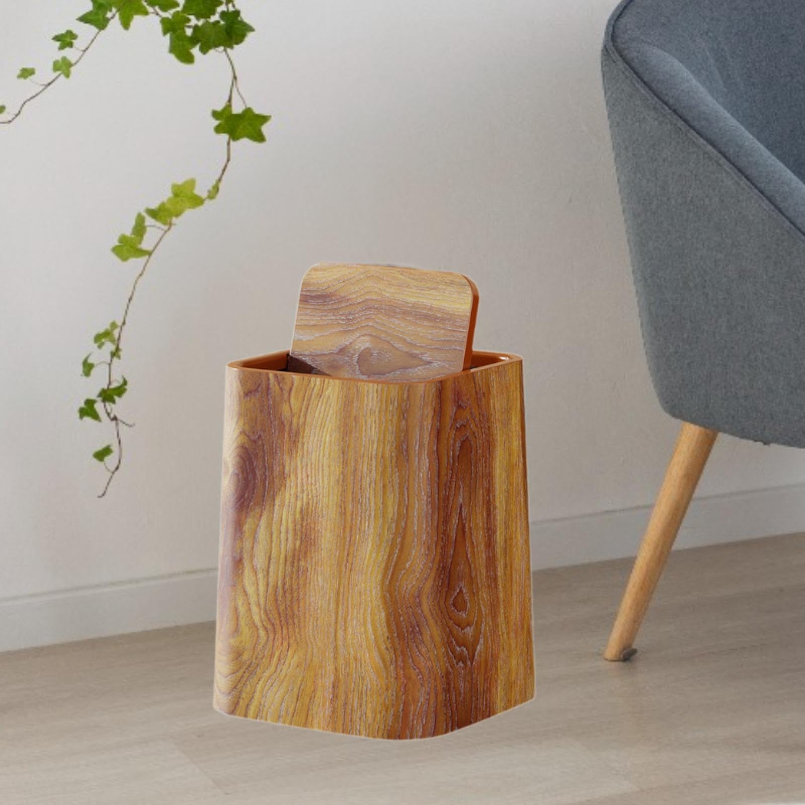 perfk Papelera Rústica, Papelera de Reciclaje, Papelera Decorativa Reutilizable de Grano de Madera, Papelera para Oficina, Granja, Dormitorio, Hogar, L with Cover