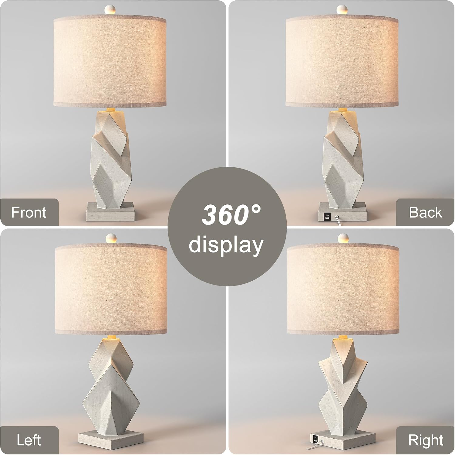 Maxax 25" Farmhouse Grey Table Lamps Set of 2, Rustic Resin Bedside Lamp for Living Room with USB A+C, 3 Way Dimmable Vintage Black Nightstand Lamps with Oatmeal Shade for Bedroom, Office, End Table