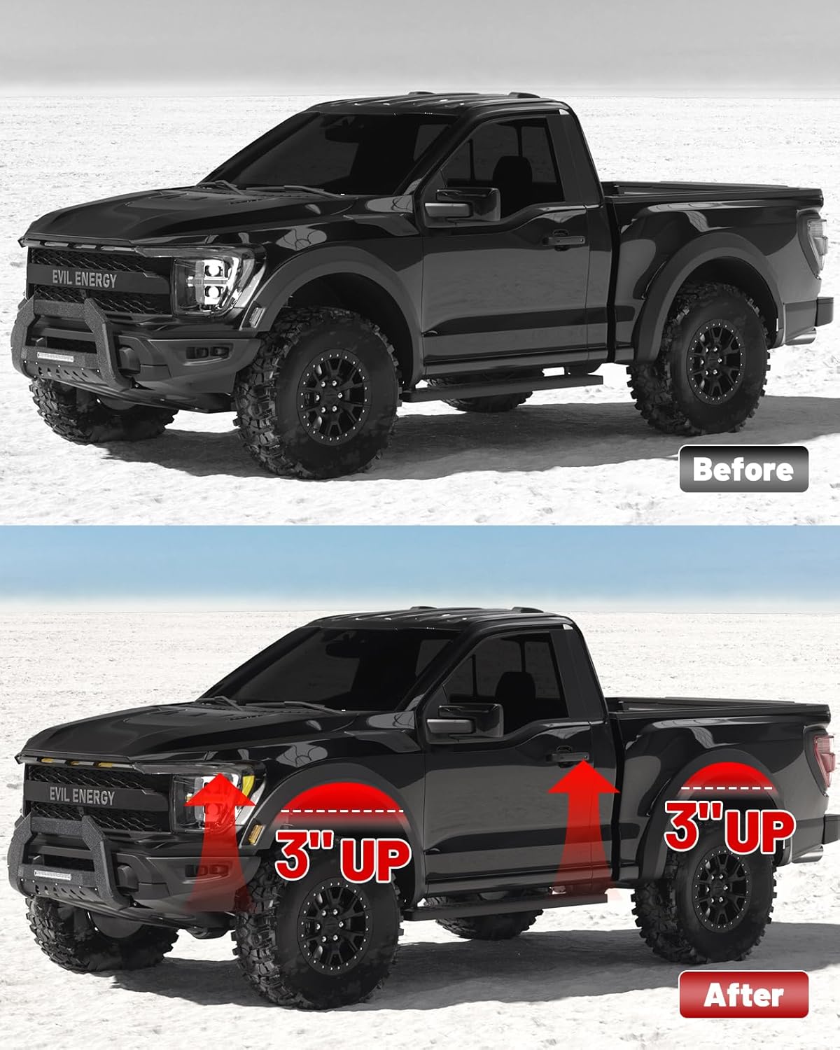 EVIL ENERGY 1-3" Front and 3" Rear Leveling Lift Kit Compatible With 1999-2007 Chevy Silverado 1500 GMC Sierra 1500 4WD, Suspension Strut Spacers, Torsion Bar Keys with Shock Extenders Brackets Black