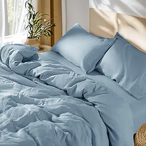 SONORO KATE 100% French Linen Duvet Cover King Size, Soft Breathable for Hot Sleepers, Moisture Wicking & Durable Cover Set - Zipper Closure & 4 Corner Ties Duvet Covers 3 Piece (Dusty Blue,King)