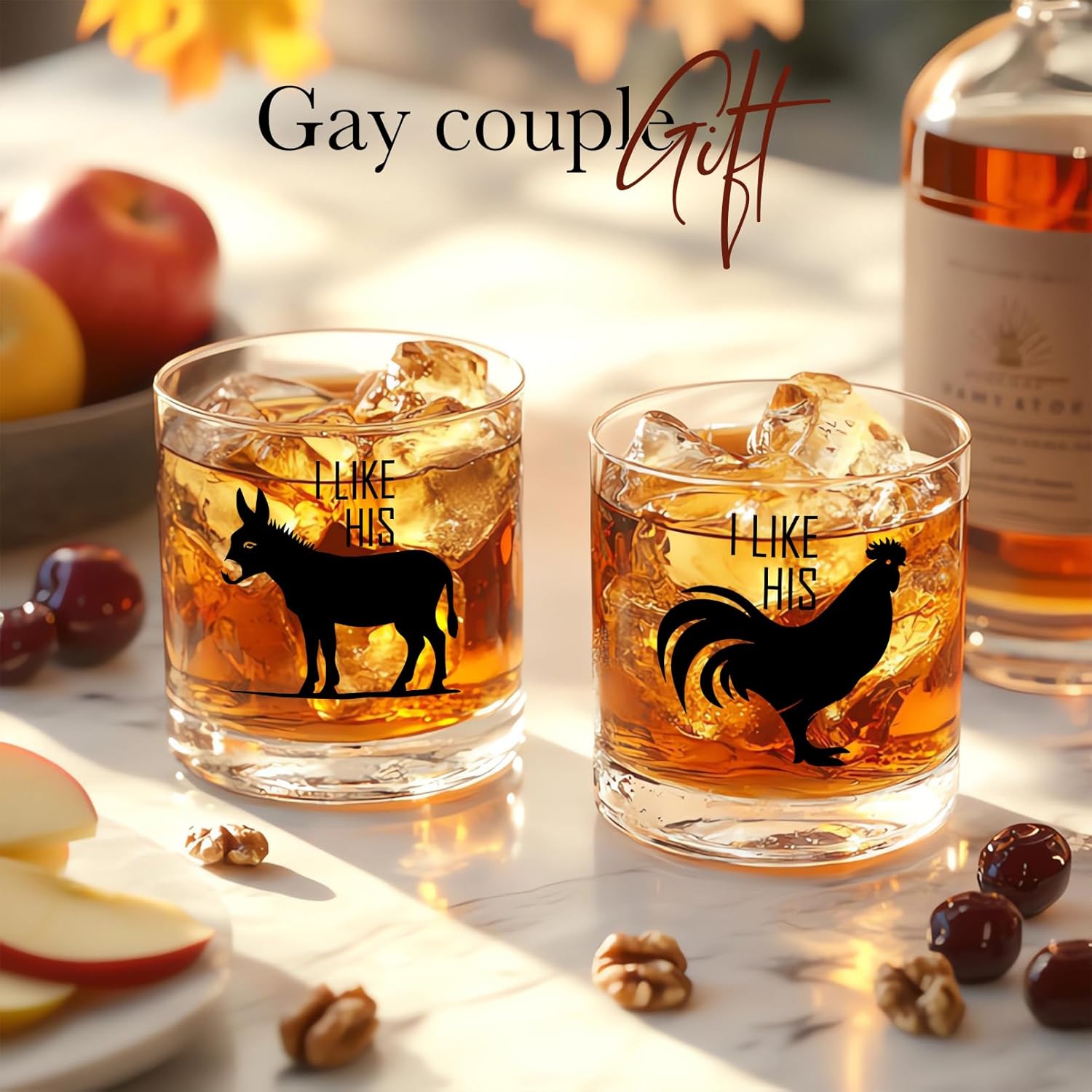 Funny Gay Whiskey Glasses - Playful 10 oz Glass Set for Couples, Anniversary or Engagement Gift, Mr & Mr LGBTQ+ Barware