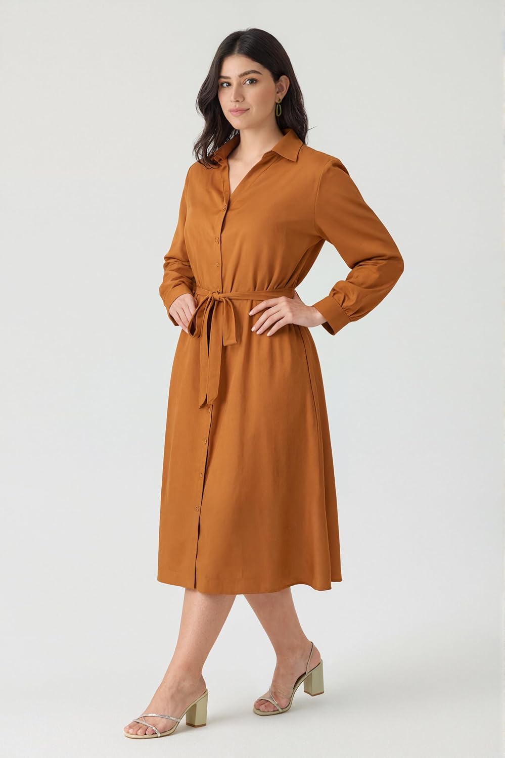 RITERA Plus Size Dresses for Curvy Women Long Sleeve Midi Fall Caramel Brown Shirt Dress Casual V Neck Button Down Winter Flowy A Line Wedding Guest Soft Work Dress with Belt and Pocket 3XL 22W 24W - Image 4