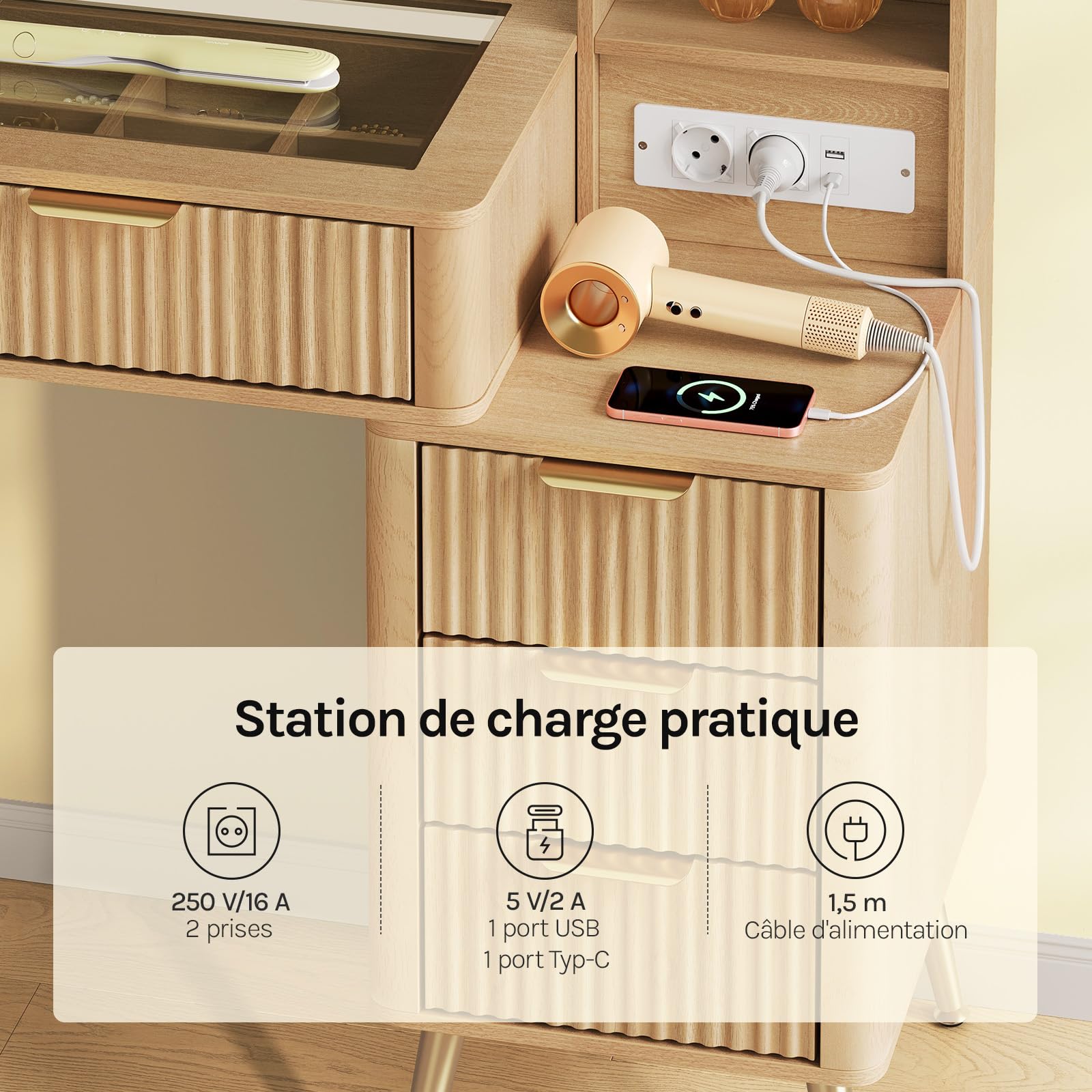 WOLTU Coiffeuse avec Grand Miroir LED, Éclairage Réglable, Multiprise, Plateau en Verre Trempé, Table Maquillage avec 2 Tiroirs à Diviseur Amovible, Armoire Latérale, Casiers Ouverts, Style Chêne
