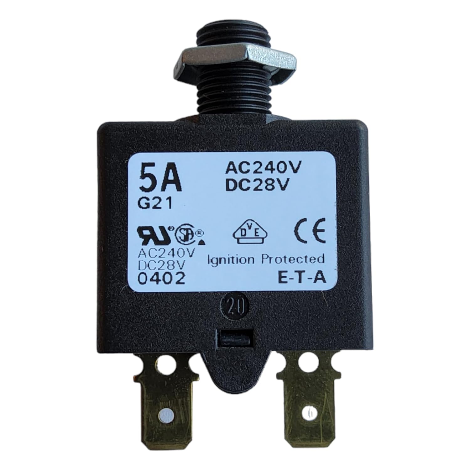E-T-A Circuit Protection and Control 1658-G21-01-P10-5A, Circuit Breaker; Therm; Push; Cur-Rtg 5A; Flange; 1 Pole; Vol-Rtg 240/28VAC/VDC
