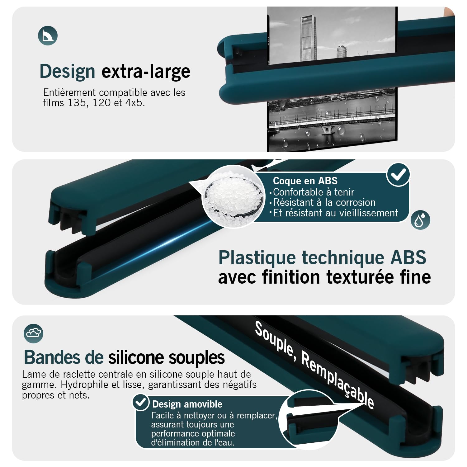 Raclette eTone pour Films 35 mm et 120, Lames Souples en Silicone, essuyage sans Traces, Compatible avec Les Films négatifs 135/120/4x5 (Vert)