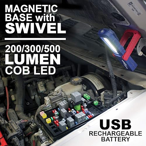 Miniatura 10 de Clore Automotive Light-N-Carry LNC1841 - Luz de trabajo recargable de grado industrial con base magnética, ganchos colgantes y salida de carga USB,