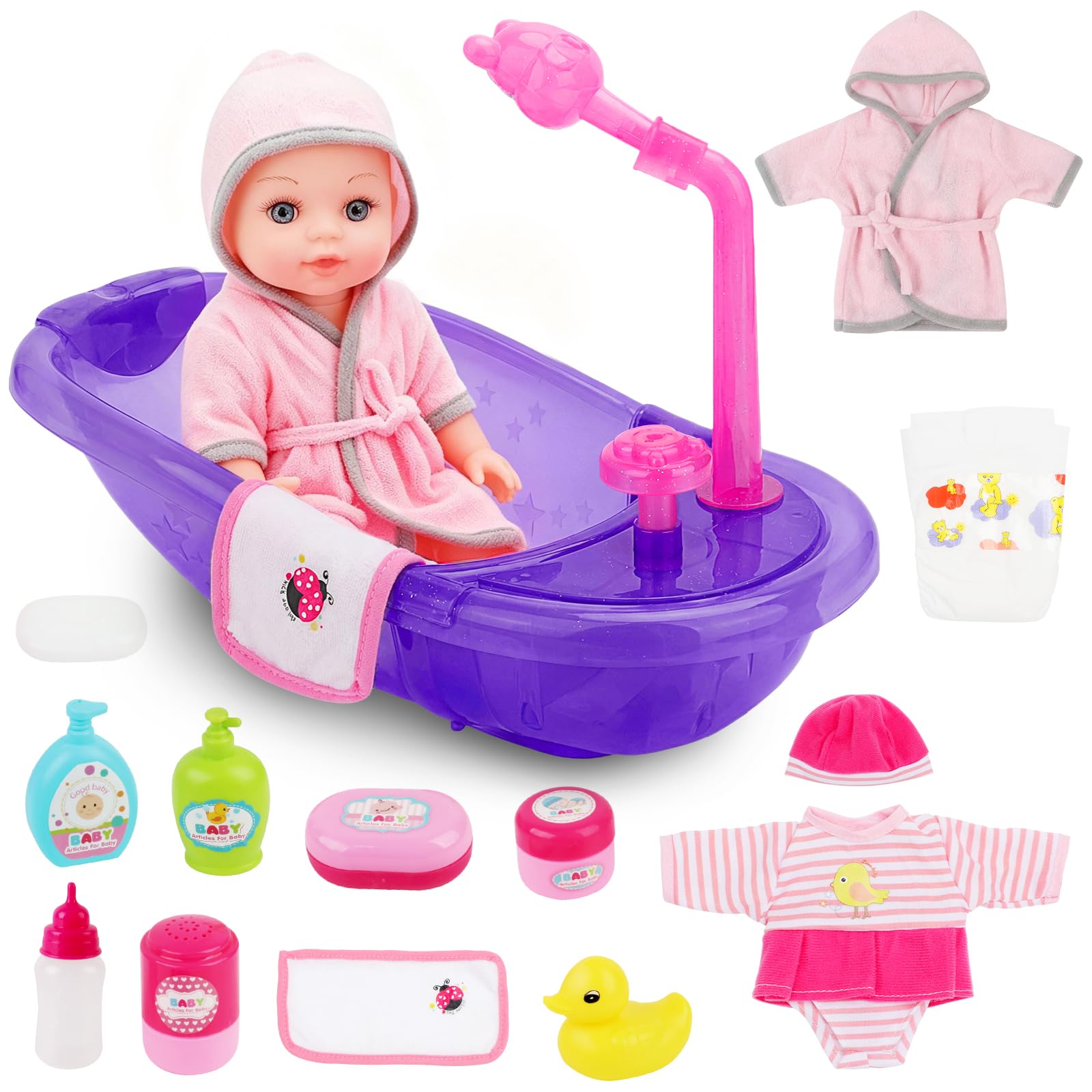 deAO Ensemble de Bain Poupon Jouet Avec Accessoires poupée bébé, Baignoire Jouet Pour Enfants Pour Enfants Pour Jeu de rôle Pour Enfant