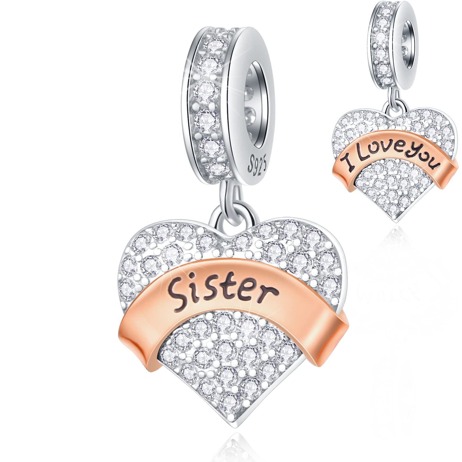Cuentas de cinta de oro rosa de corazón familiar para pulsera de plata 6