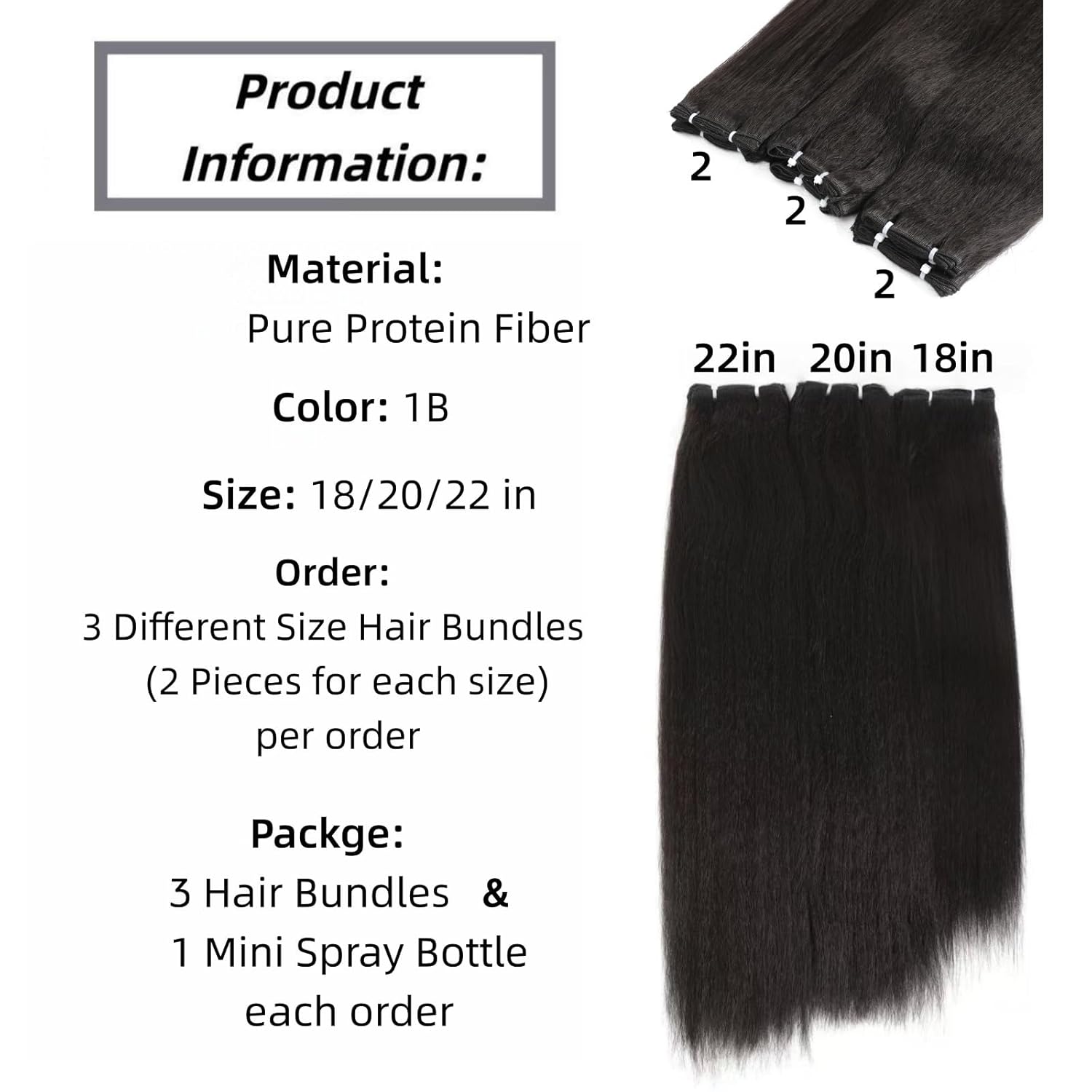 Yaki Straight Hair Bundles 3 Bundles Protein Fiber Hair Extensions Straight Bundles Hair Weave Sew In Yaki Hair Bundles Silky Soft (1B, 18 20 22 Inch)