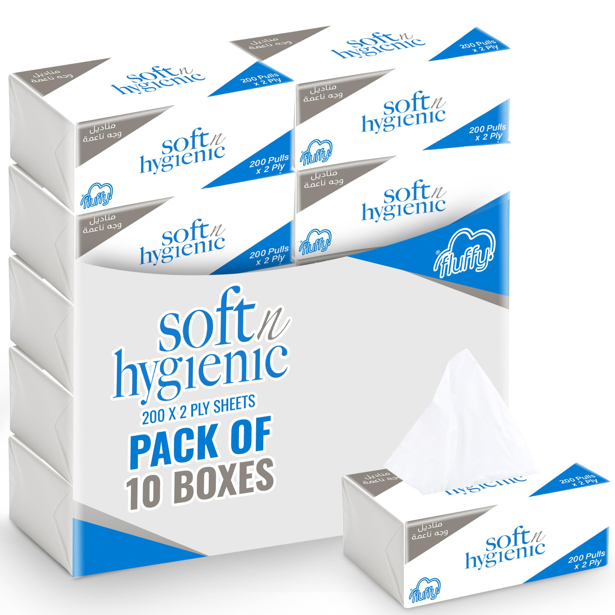Soft N Hygienic Fluffy Facial Tissue Pack of 10, 200 Sheets x 2 Ply, Total 2000 Sheets
