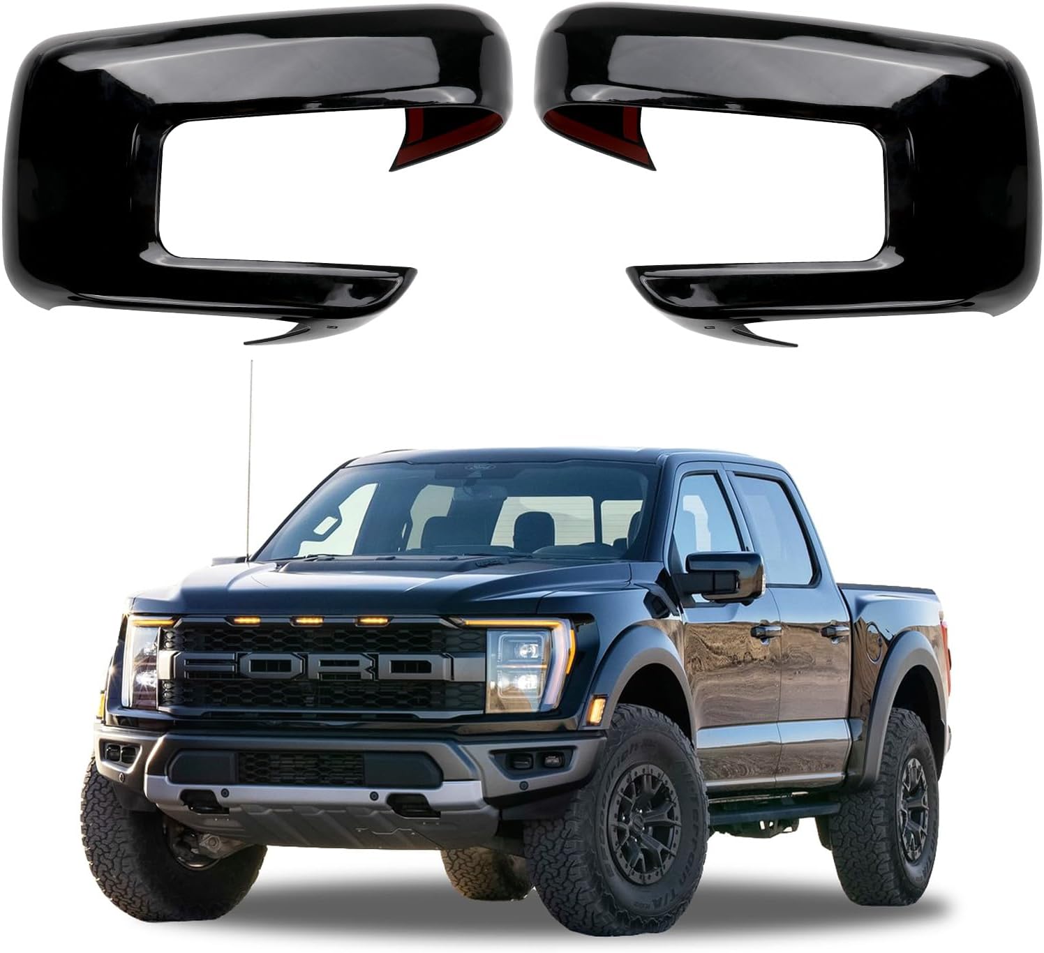 Glossy Black Side Rearview Mirror Covers Caps Decoration Compatible with 2021-2025 Ford F150, With Turn Signal Model (Black-with Cut-Out)