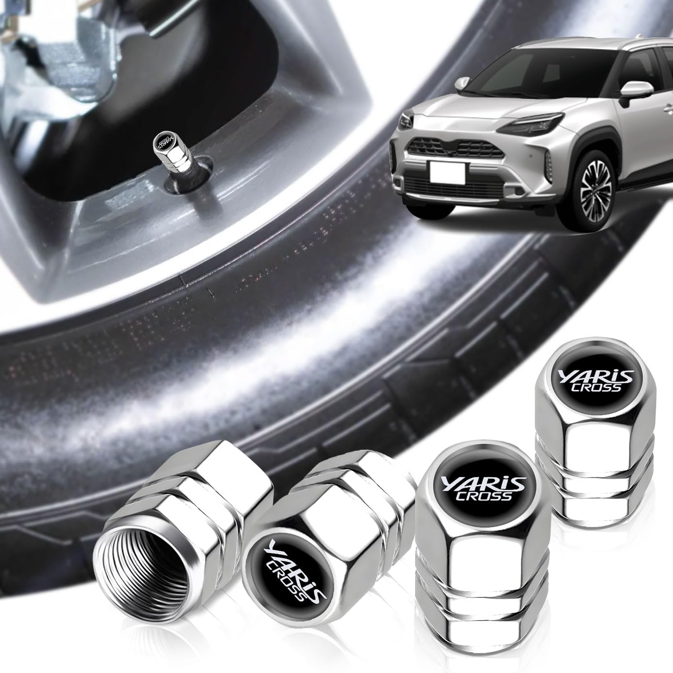 HUDIY【ヤリスクロス 10系専用 エアバルブキャップ】 アルミ製バルブキャップ 4個セット 車種別ロゴ シリコン密封リングで空気漏れ防止 防錆 防塵 キャップ 純正互換 軽量耐久 六角 ホイール アクセサリー 車 メンテナンス 部品 (シルバー)