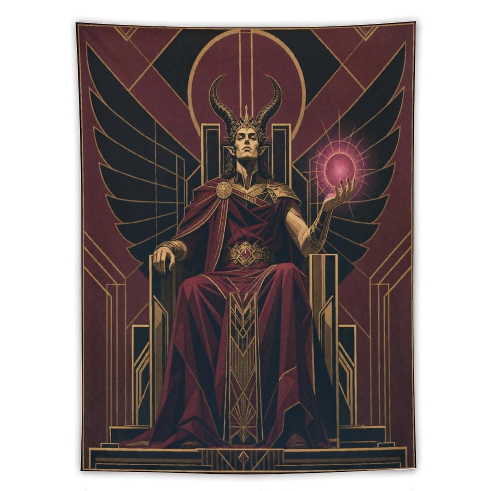 Winged King on Throne Wall Tapestry, Fantasy Illustration, Art Deco