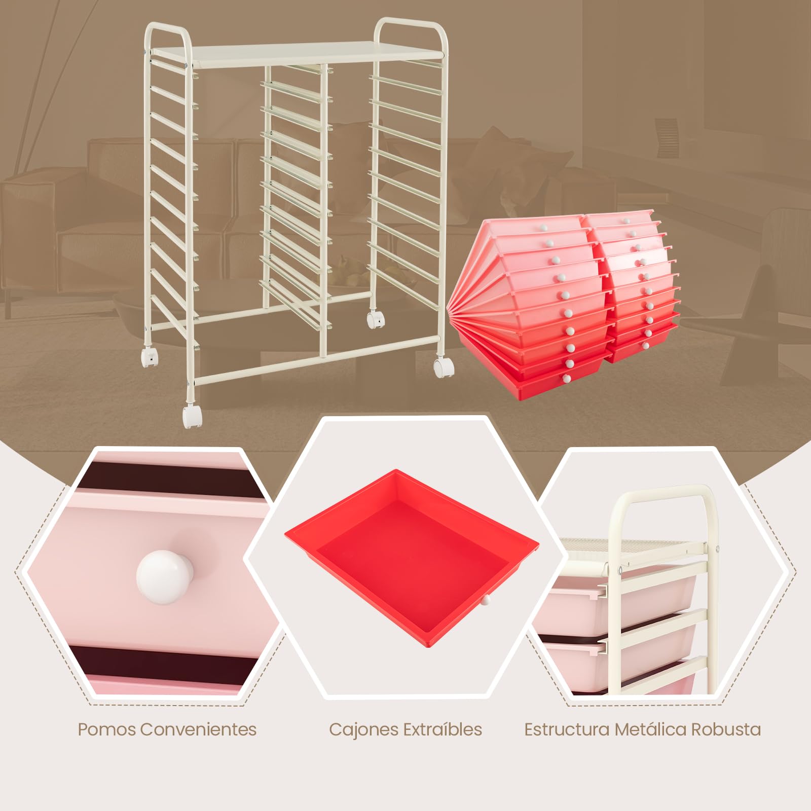COSTWAY Carrito Auxiliar con Ruedas, Mueble Auxiliar Cocina con 20 Cajones Apilables, Carrito Organizador de Estructura Metálica para Cocina Oficina, Baño (Rojo)