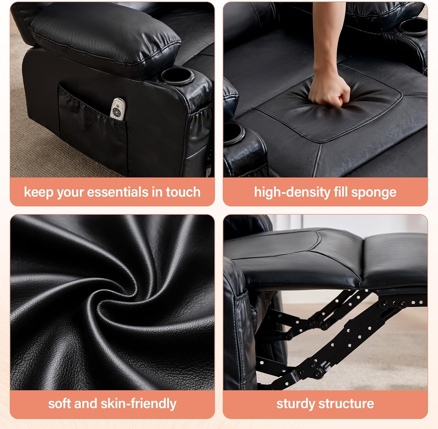 Close-up images showing soft and skin-friendly PU leather, high-density fill sponge, and sturdy structure of the recliner