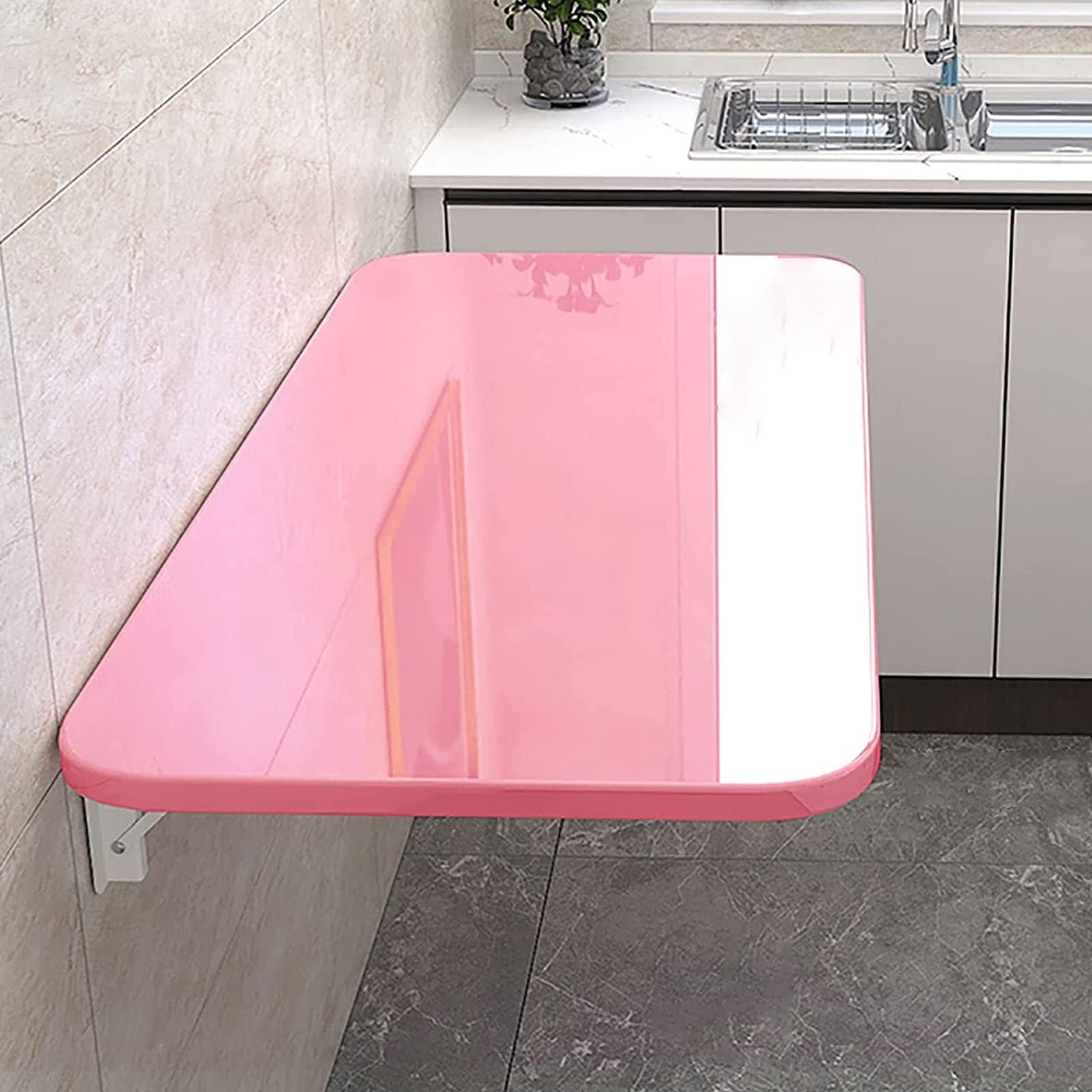 Pink Wall Mounted Folding Table Drop Leaf Computer Desk & Dining Table Space Saving Floating Workbench for Home Office Kitchen & Bedroom 60x30cm