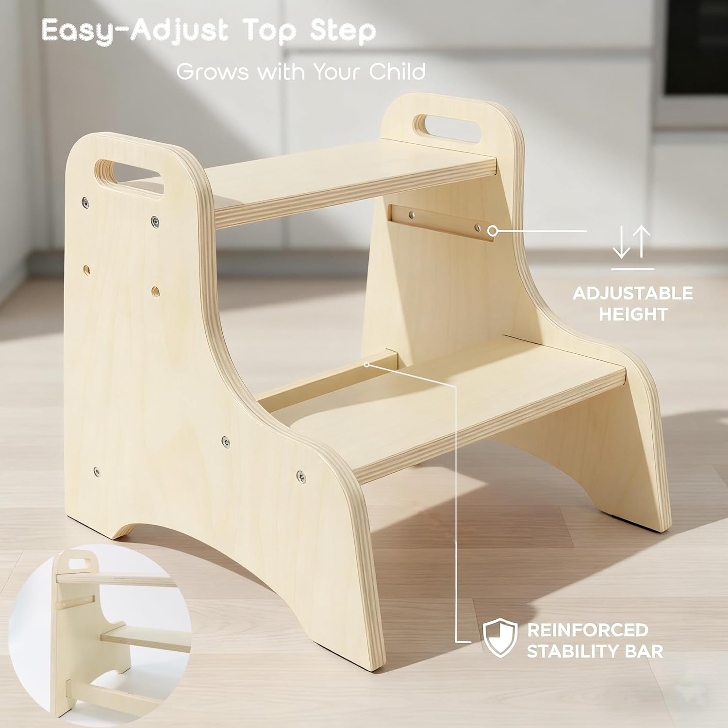 2-Adjustable Toddler Step Stool, 350 lbs Capacity Solid Wood Step Stool for Kids - Kitchen, Bathroom, Bedside Helper for Montessori Independence,Natural