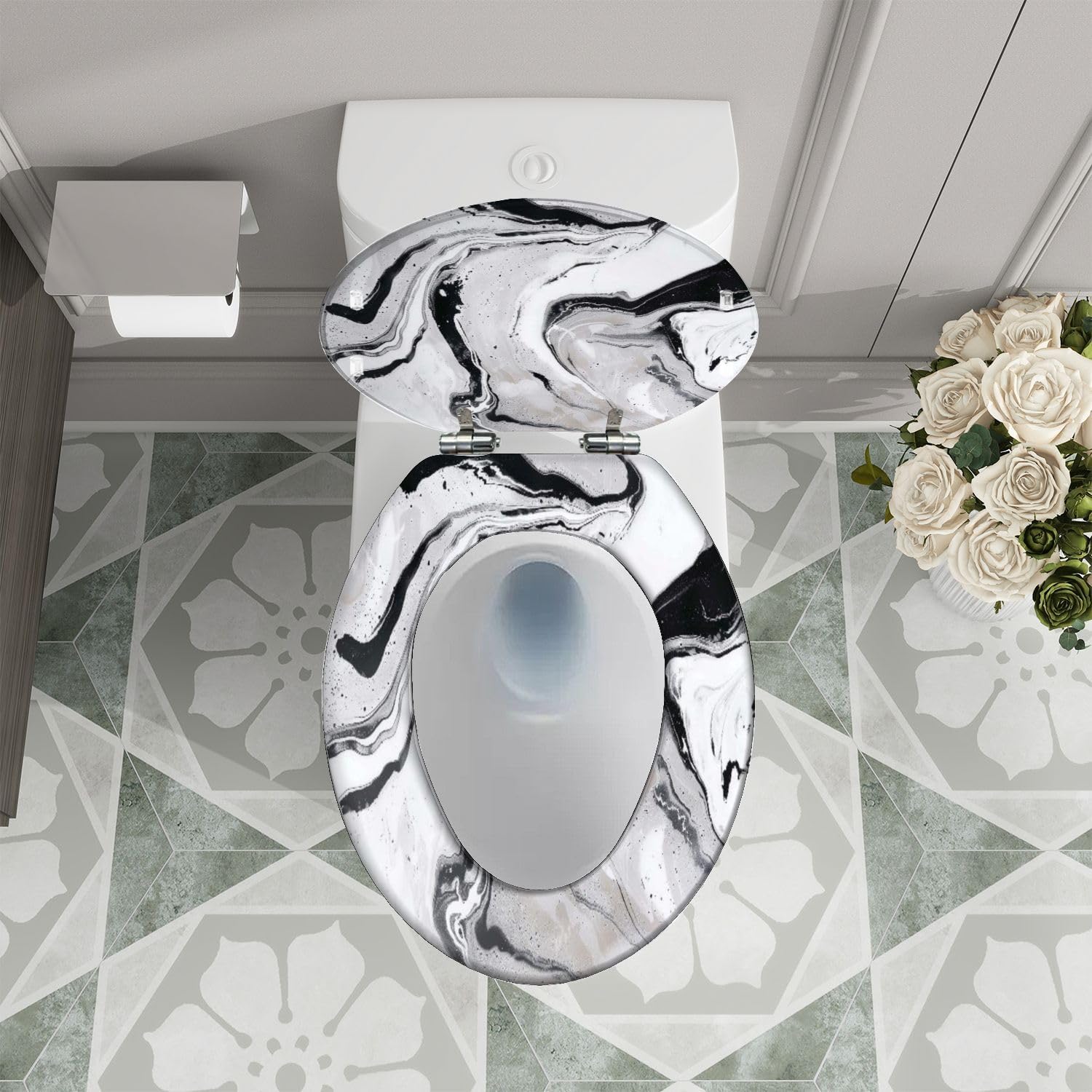 Elongated Toilet Seat Decorative marble texture Monochrome abstract black white gray silver Resin Toilet Seat Quietly Close Quick Release Hinges Decorative Toilet Seat with Cover Easy to Install