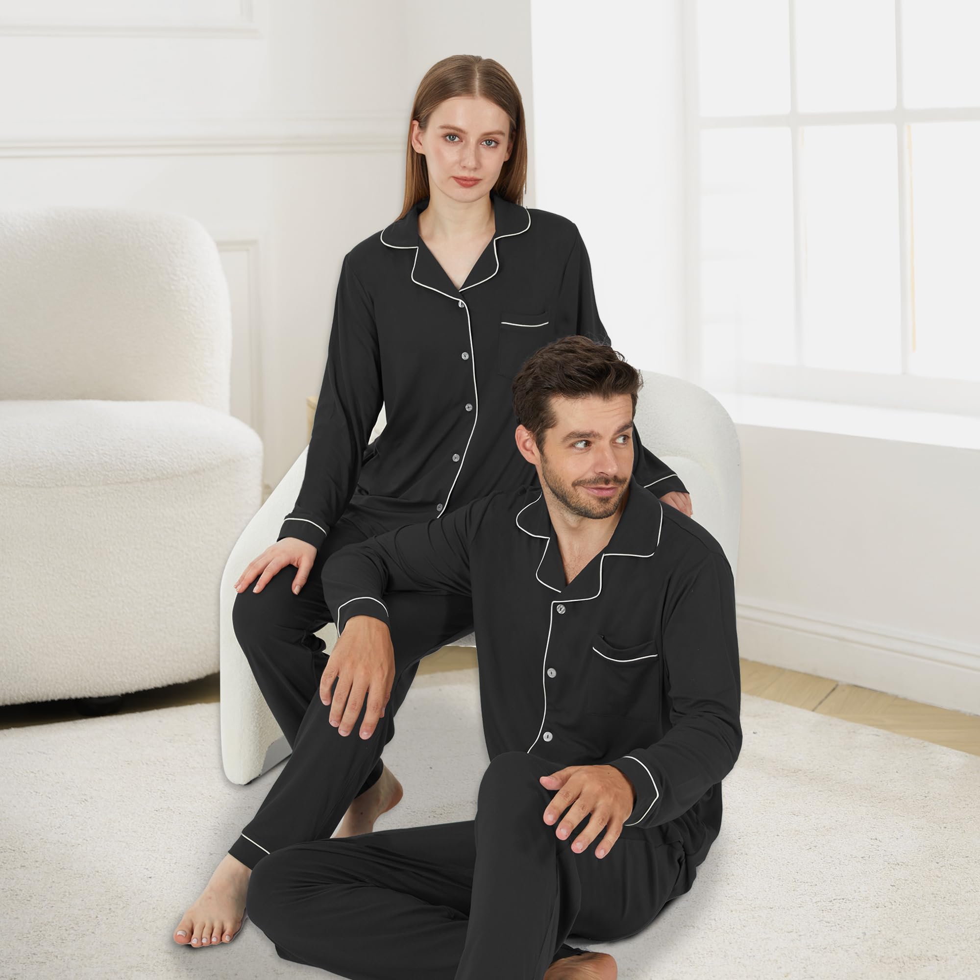 PJGGZ Pijamas a juego para parejas, conjunto de pijama con botones para hombres y mujeres, ropa de descanso suave y cálida