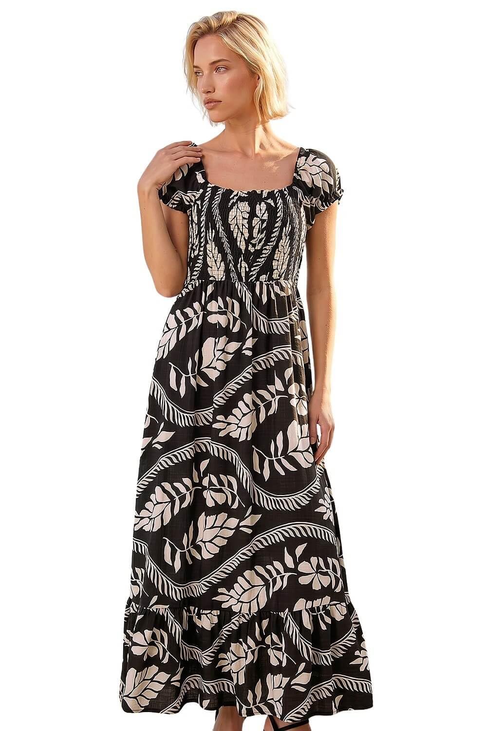 Roman Originals Bardot Dress for Women UK Ladies Shirred Chest Off Shoulder Cold Shoulder Maxi Midi Summer Beach Holiday Sleeveless Garden Cocktail Party Elasticated