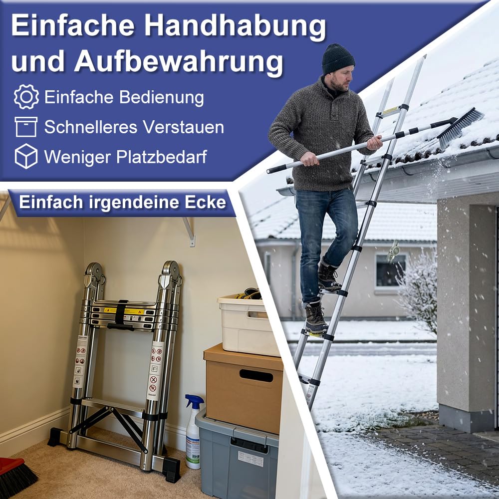 Edelstahl Teleskopleiter Einzelleiter Hochfest Verstärkt, Tragbare Ausziehbare Leiter mit Rutschfesten Füßen, Tragkraft 150 kg Für Dachboden, Wohnmobil, Heimwerkerarbeiten (2.5+2.5M)