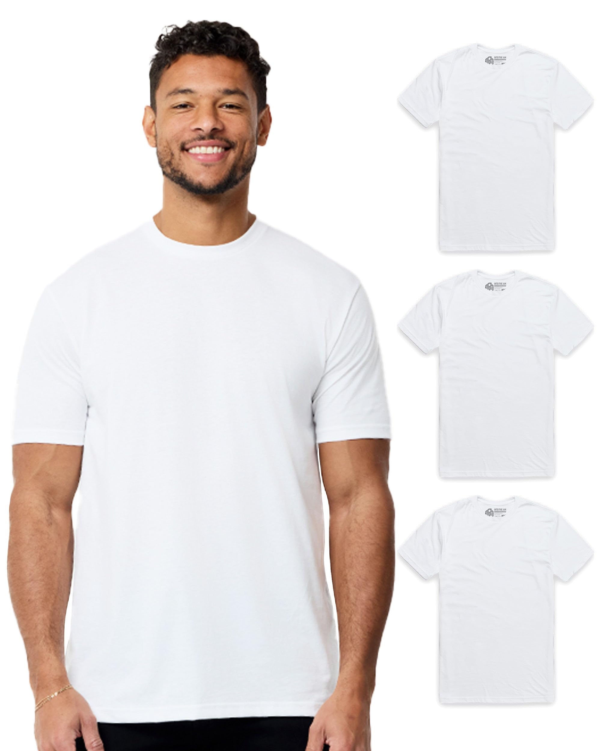 INTO THE AM Men's Plain Basic Tall Tees 3 Pack - Fitted Essential Crewneck Blank T-Shirts Casual Gym Classic XLT True Fit Fashion Undershirts Tshirts for Guys (White, Medium)