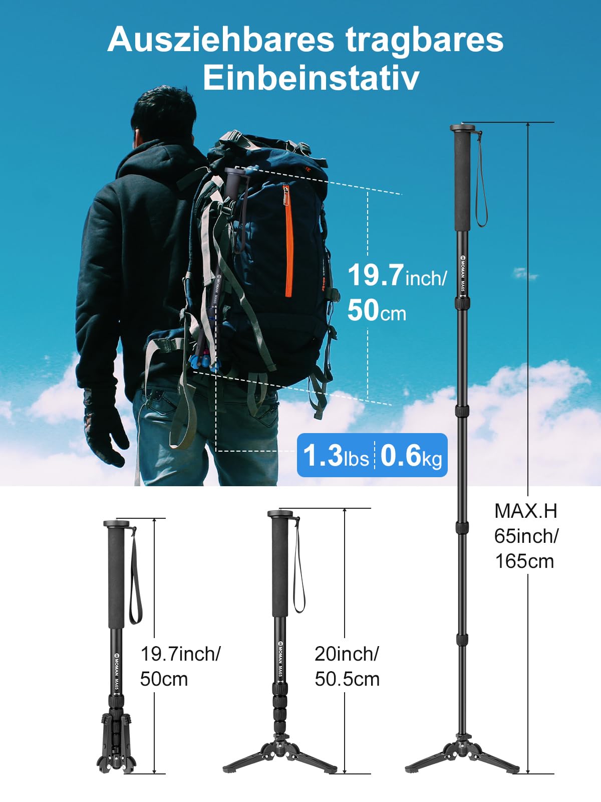 Moman Einbeinstativ Kamera Stativ Einbein Reisestativ mit Standspinne, DSLR Monopod Wanderstock, 0,64kg mit Stativfuß, Leicht Tragbar Aluminium Bergstock, max. 165cm, 360 Grad drehbar 5-10kg Nutzlast
