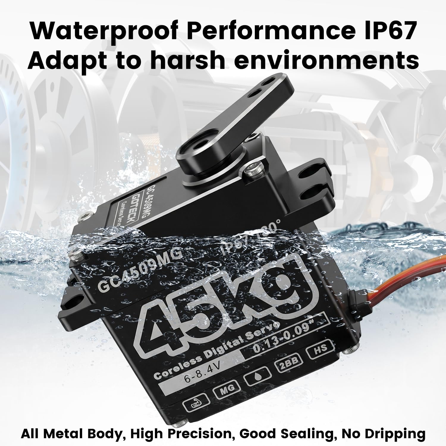 GOTECK 45KG Coreless Digital Servo,Large Torque 8.4V Full Metal Gear IP67 Waterproof Steering Servo with 25T Servo Horn for 1/6 1/8 1/10 RC Crawler Car,Robot,Boat,Truck Robot Parts (45KG(8.4V)-180°)